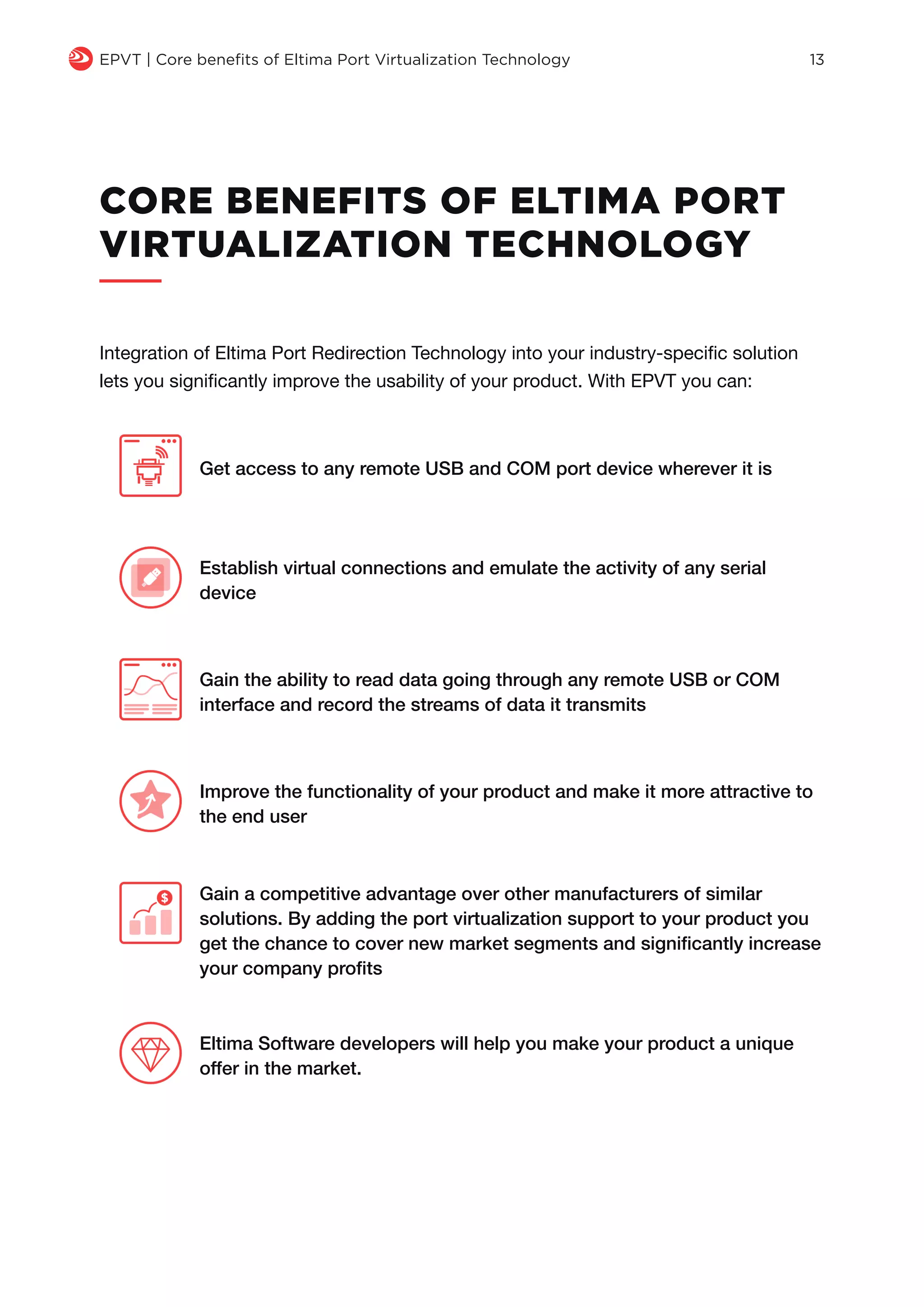 q EPVT | Core benefits of Eltima Port Virtualization Technology 13
CORE BENEFITS OF ELTIMA PORT
VIRTUALIZATION TECHNOLOGY
Integration of Eltima Port Redirection Technology into your industry-specific solution
lets you significantly improve the usability of your product. With EPVT you can:
Get access to any remote USB and COM port device wherever it is
Establish virtual connections and emulate the activity of any serial
device
Improve the functionality of your product and make it more attractive to
the end user
Gain a competitive advantage over other manufacturers of similar
solutions. By adding the port virtualization support to your product you
get the chance to cover new market segments and significantly increase
your company profits
Eltima Software developers will help you make your product a unique
offer in the market.
Gain the ability to read data going through any remote USB or COM
interface and record the streams of data it transmits
 