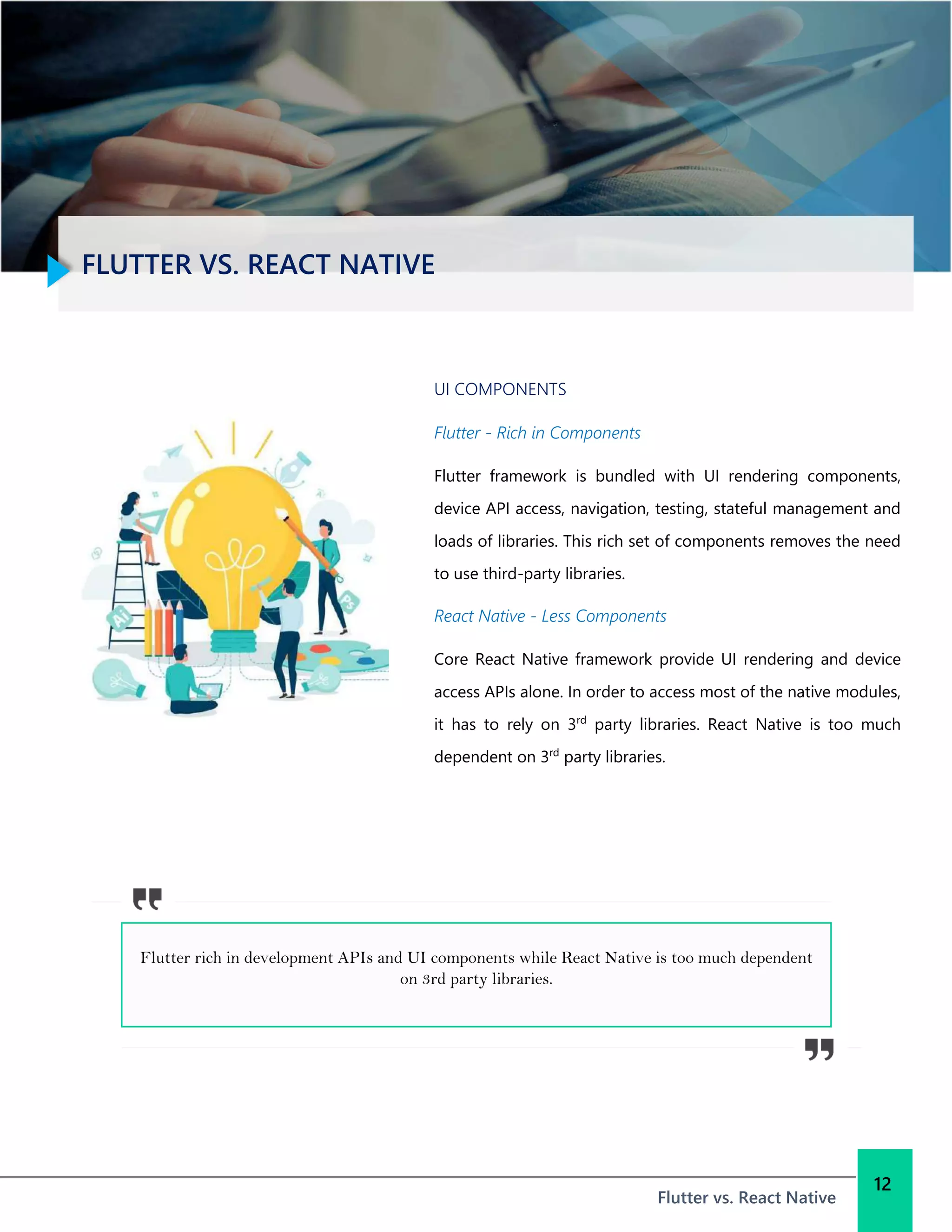 FLUTTER VS. REACT NATIVE
Flutter vs. React Native
12
UI COMPONENTS
Flutter - Rich in Components
Flutter framework is bundled with UI rendering components,
device API access, navigation, testing, stateful management and
loads of libraries. This rich set of components removes the need
to use third-party libraries.
React Native - Less Components
Core React Native framework provide UI rendering and device
access APIs alone. In order to access most of the native modules,
it has to rely on 3rd
party libraries. React Native is too much
dependent on 3rd
party libraries.
Flutter rich in development APIs and UI components while React Native is too much dependent
on 3rd party libraries.
 