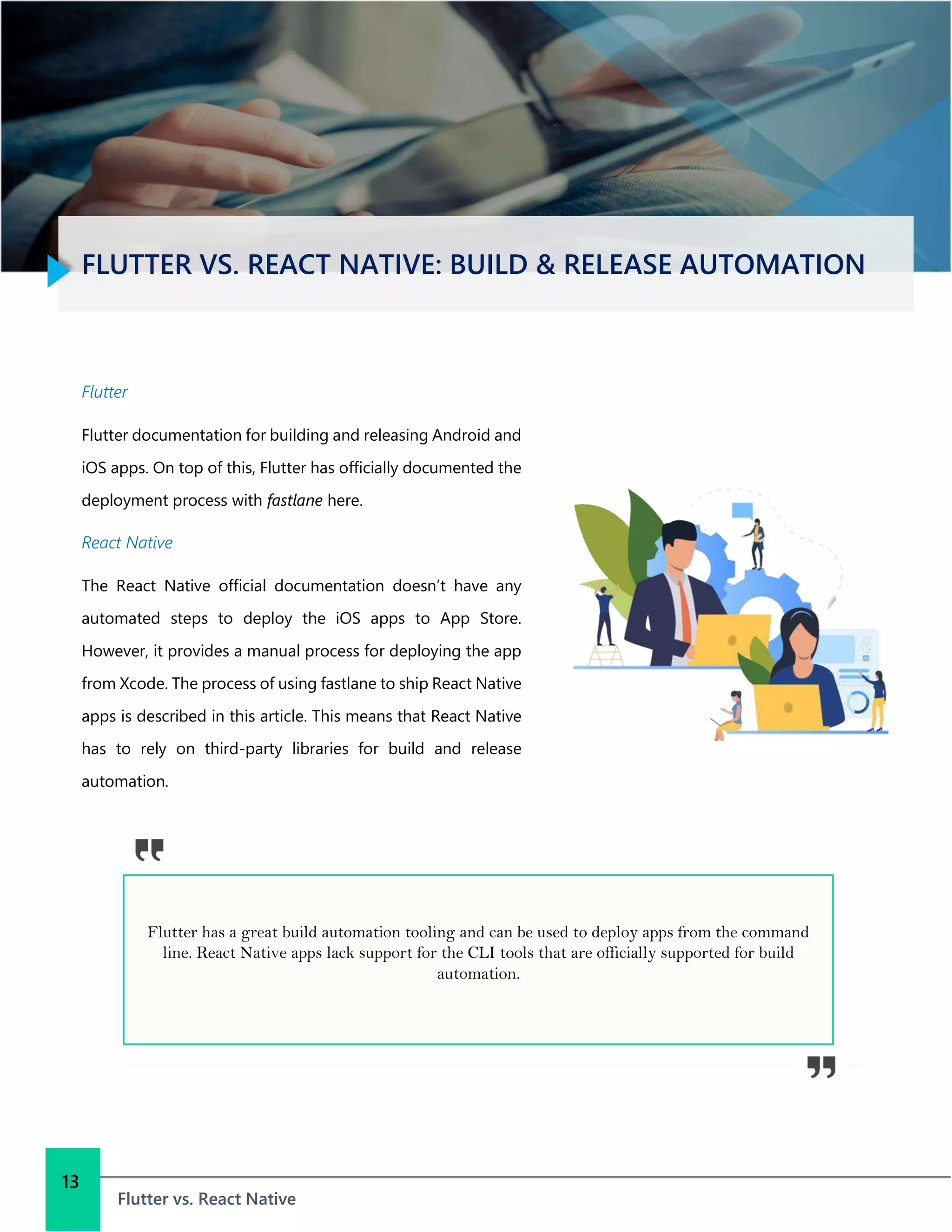 FLUTTER VS. REACT NATIVE: BUILD & RELEASE AUTOMATION
Flutter vs. React Native
Flutter
Flutter documentation for building and releasing Android and
iOS apps. On top of this, Flutter has officially documented the
deployment process with fastlane here.
React Native
The React Native official documentation doesn’t have any
automated steps to deploy the iOS apps to App Store.
However, it provides a manual process for deploying the app
from Xcode. The process of using fastlane to ship React Native
apps is described in this article. This means that React Native
has to rely on third-party libraries for build and release
automation.
13
Flutter has a great build automation tooling and can be used to deploy apps from the command
line. React Native apps lack support for the CLI tools that are officially supported for build
automation.
 