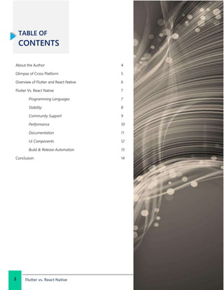 TABLE OF
CONTENTS
About the Author 4
Glimpse of Cross Platform 5
Overview of Flutter and React Native 6
Flutter Vs. React Native 7
Programming Languages 7
Stability 8
Community Support 9
Performance 10
Documentation 11
UI Components 12
Build & Release Automation 13
Conclusion 14
Flutter vs. React Native3
 