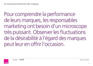 Partagez
2
Le mouvement brownien des marques
Opinion Leader
Pour comprendre la performance
de leurs marques, les responsables
marketing ont besoin d’un microscope
très puissant. Observer les fluctuations
de la désirabilité à l’égard des marques
peut leur en offrir l’occasion.
 