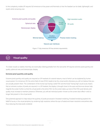 9
to the complexity, mobile VR requires full immersion at low power and thermals so that the headset can be sleek, lightweight, and
stylish while remaining cool.
Visual
quality
Sound
quality
Intuitive
interactions
Immersion
High resolution audio
3D audio
Precise motion trackingMinimal latency
Natural user interfaces
Extreme pixel quantity and quality
Spherical view
Stereoscopic display
Figure 7: Truly immersive VR has extreme requirements
	 Visual quality4.1
To create visuals so realistic that they are eventually indistinguishable from the real world, VR requires extreme pixel quantity and
quality, spherical view, and stereoscopic display.
Extreme pixel quantity and quality
Extreme pixel quantity and quality are required on VR headsets for several reasons, most of which can be explained by human
visual system. For immersive VR, the entire field-of-view (FOV) needs to be the virtual world, otherwise you will not believe that you
are actually present there. The combination of the human eye having a wide FOV and the fovea3
having high visual acuity means
that an extreme number of pixels are required. In a VR headset, the display is brought close to the eyes and biconvex lenses help
magnify the screen further so that the virtual world is the entire FOV. As the screen takes up more of the FOV, pixel density and
quality must increase to maintain presence. Otherwise, you will see individual pixels—known as the screen door effect—and no
longer feel present in the virtual world.
One potential approach to help reduce the quantity of pixels processed is foveated rendering. Foveated rendering exploits the
falloff of acuity in the visual periphery by rendering high resolution where the eye is fixated and lower resolution everywhere else,
thus reducing the total pixels rendered.
3
The fovea is a small portion of the retina in the eye and is responsible for sharp vision.
 