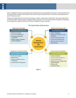 Figure 5 highlights the typical scope of governance, although this may vary depending on the client’s sourcing maturity and
the scope of work involved. These activities need to be put in place during transition, so that they are fully operational as
part of ”business as usual.”
A governance organization does not need to be heavy in numbers; in fact, leaner is often better. But it does need to have
an optimum balance between regional and global staffing, especially in the area of performance management. Depending
on the organization, regional dimensions of financial management may be necessary.


                                          The Typical Scope of Governance




                                                          Figure 5




BUSINESS PROCESS TRANSITION      ■   ANDREW TATTERSALL                                                                     9
 