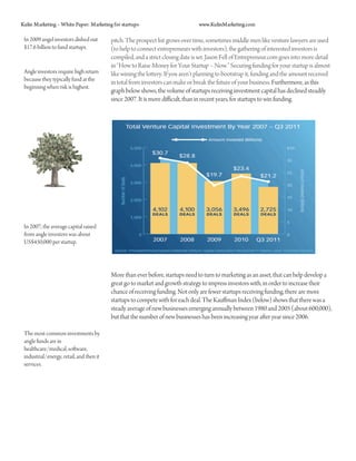 Kulin Marketing – White Paper: Marketing for startups                           www.KulinMarketing.com

 In 2009 angel investors dished out       pitch. The prospect list grows over time, sometimes middle men like venture lawyers are used
 $17.6 billion to fund startups.          (to help to connect entrepreneurs with investors), the gathering of interested investors is
                                          compiled, and a strict closing date is set. Jason Fell of Entrepreneur.com goes into more detail
                                          in “How to Raise Money for Your Startup – Now.” Securing funding for your startup is almost
 Angle investors require high return      like wining the lottery. If you aren’t planning to bootstrap it, funding and the amount received
 because they typically fund at the
                                          in total from investors can make or break the future of your business. Furthermore, as this
 beginning when risk is highest.
                                          graph below shows, the volume of startups receiving investment capital has declined steadily
                                          since 2007. It is more difficult, than in recent years, for startups to win funding.




 In 2007, the average capital raised
 from angle investors was about
 US$450,000 per startup.




                                          More than ever before, startups need to turn to marketing as an asset, that can help develop a
                                          great go to market and growth strategy to impress investors with, in order to increase their
                                          chance of receiving funding. Not only are fewer startups receiving funding, there are more
                                          startups to compete with for each deal. The Kauffman Index (below) shows that there was a
                                          steady average of new businesses emerging annually between 1980 and 2005 (about 600,000),
                                          but that the number of new businesses has been increasing year after year since 2006.

 The most common investments by
 angle funds are in
 healthcare/medical, software,
 industrial/energy, retail, and then it
 services.
 