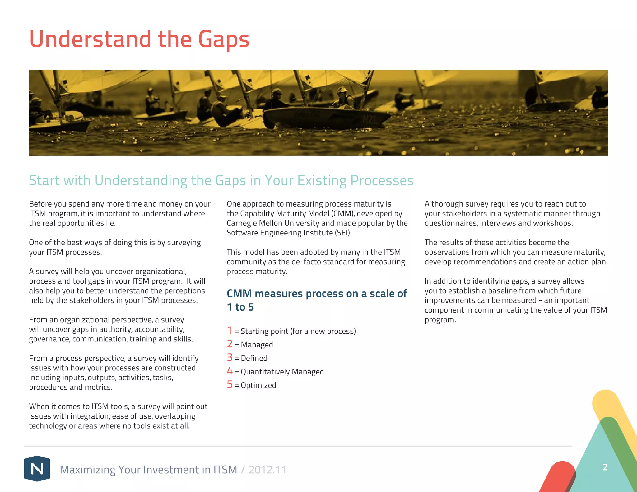 Understand the Gaps




Start with Understanding the Gaps in Your Existing Processes
Before you spend any more time and money on your       One approach to measuring process maturity is        A thorough survey requires you to reach out to
ITSM program, it is important to understand where      the Capability Maturity Model (CMM), developed by    your stakeholders in a systematic manner through
the real opportunities lie.                            Carnegie Mellon University and made popular by the   questionnaires, interviews and workshops.
                                                       Software Engineering Institute (SEI).
One of the best ways of doing this is by surveying                                                          The results of these activities become the
your ITSM processes.                                   This model has been adopted by many in the ITSM      observations from which you can measure maturity,
                                                       community as the de-facto standard for measuring     develop recommendations and create an action plan.
A survey will help you uncover organizational,         process maturity.
process and tool gaps in your ITSM program. It will                                                         In addition to identifying gaps, a survey allows
also help you to better understand the perceptions     CMM measures process on a scale of                   you to establish a baseline from which future
held by the stakeholders in your ITSM processes.                                                            improvements can be measured - an important
                                                       1 to 5                                               component in communicating the value of your ITSM
From an organizational perspective, a survey                                                                program.
will uncover gaps in authority, accountability,        1 = Starting point (for a new process)
governance, communication, training and skills.
                                                       2 = Managed
From a process perspective, a survey will identify     3 = Defined
issues with how your processes are constructed         4 = Quantitatively Managed
including inputs, outputs, activities, tasks,
procedures and metrics.                                5 = Optimized
When it comes to ITSM tools, a survey will point out
issues with integration, ease of use, overlapping
technology or areas where no tools exist at all.




         Maximizing Your Investment in ITSM / 2012.11                                                                                                          2
 