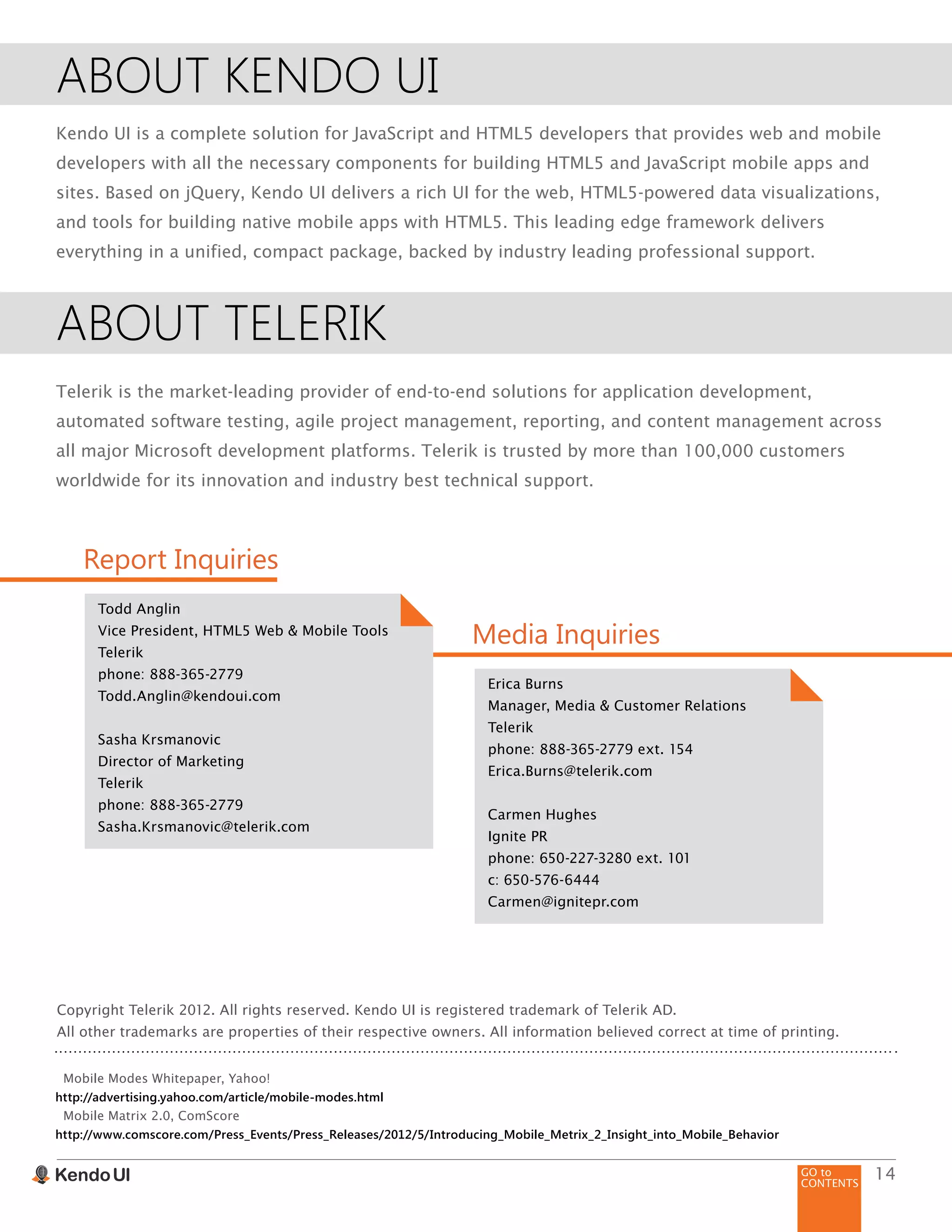 GO to
CONTENTS
14
ABOUT KENDO UI
Kendo UI is a complete solution for JavaScript and HTML5 developers that provides web and mobile
developers with all the necessary components for building HTML5 and JavaScript mobile apps and
sites. Based on jQuery, Kendo UI delivers a rich UI for the web, HTML5-powered data visualizations,
and tools for building native mobile apps with HTML5. This leading edge framework delivers
everything in a unified, compact package, backed by industry leading professional support.
ABOUT TELERIK
Telerik is the market-leading provider of end-to-end solutions for application development,
automated software testing, agile project management, reporting, and content management across
all major Microsoft development platforms. Telerik is trusted by more than 100,000 customers
worldwide for its innovation and industry best technical support.
Copyright Telerik 2012. All rights reserved. Kendo UI is registered trademark of Telerik AD.
All other trademarks are properties of their respective owners. All information believed correct at time of printing.
Mobile Modes Whitepaper, Yahoo!
http://advertising.yahoo.com/article/mobile-modes.html
Mobile Matrix 2.0, ComScore
http://www.comscore.com/Press_Events/Press_Releases/2012/5/Introducing_Mobile_Metrix_2_Insight_into_Mobile_Behavior
Todd Anglin
Vice President, HTML5 Web & Mobile Tools
Telerik
phone: 888-365-2779
Todd.Anglin@kendoui.com
Sasha Krsmanovic
Director of Marketing
Telerik
phone: 888-365-2779
Sasha.Krsmanovic@telerik.com
Erica Burns
Manager, Media & Customer Relations
Telerik
phone: 888-365-2779 ext. 154
Erica.Burns@telerik.com
Carmen Hughes
Ignite PR
phone: 650-227-3280 ext. 101
c: 650-576-6444
Carmen@ignitepr.com
Report Inquiries
Media Inquiries
 