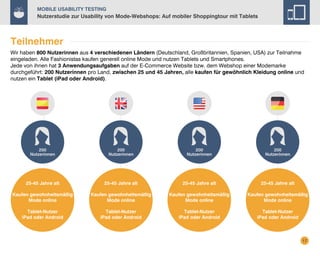 Mobile Usability Testing

Nutzerstudie zur Usability von Mode-Webshops: Auf mobiler Shoppingtour mit Tablets

Teilnehmer
Wir haben 800 Nutzerinnen aus 4 verschiedenen Ländern (Deutschland, Großbritannien, Spanien, USA) zur Teilnahme
eingeladen. Alle Fashionistas kaufen generell online Mode und nutzen Tablets und Smartphones.
Jede von ihnen hat 3 Anwendungsaufgaben auf der E-Commerce Website bzw. dem Webshop einer Modemarke
durchgeführt: 200 Nutzerinnen pro Land, zwischen 25 und 45 Jahren, alle kaufen für gewöhnlich Kleidung online und
nutzen ein Tablet (iPad oder Android).

200
Nutzerinnen

200
Nutzerinnen

200
Nutzerinnen

200
Nutzerinnen

25-45 Jahre alt

25-45 Jahre alt

25-45 Jahre alt

25-45 Jahre alt

Kaufen gewohnheitsmäßig
Mode online

Kaufen gewohnheitsmäßig
Mode online

Kaufen gewohnheitsmäßig
Mode online

Kaufen gewohnheitsmäßig
Mode online

Tablet-Nutzer
iPad oder Android

Tablet-Nutzer
iPad oder Android

Tablet-Nutzer
iPad oder Android

Tablet-Nutzer
iPad oder Android

17

 