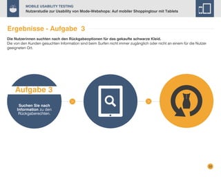 Mobile Usability Testing

Nutzerstudie zur Usability von Mode-Webshops: Auf mobiler Shoppingtour mit Tablets

Ergebnisse - Aufgabe 3
Die Nutzerinnen suchten nach den Rückgabeoptionen für das gekaufte schwarze Kleid.
Die von den Kunden gesuchten Information sind beim Surfen nicht immer zugänglich oder nicht an einem für die Nutzer
geeigneten Ort.

Aufgabe 3
Suchen Sie nach
Information zu den
Rückgaberechten.

33

 