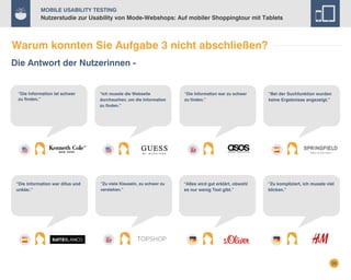 Mobile Usability Testing

Nutzerstudie zur Usability von Mode-Webshops: Auf mobiler Shoppingtour mit Tablets

Warum konnten Sie Aufgabe 3 nicht abschließen?
Die Antwort der Nutzerinnen -

“Die Information ist schwer
zu finden.”

“Die Information war difus und
unklar.”

“Ich musste die Webseite
durchsuchen, um die Information
zu finden.”

“Die Information war zu schwer
zu finden.”

“Bei der Suchfunktion wurden
keine Ergebnisse angezeigt.”

“Zu viele Klauseln, zu schwer zu
verstehen.”

“Alles wird gut erklärt, obwohl
es nur wenig Text gibt.”

“Zu kompliziert, ich musste viel
klicken.”

35

 