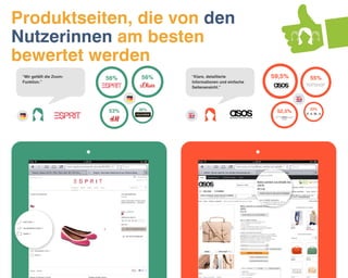 Produktseiten, die von den
Nutzerinnen am besten
bewertet werden
“Mir gefällt die ZoomFunktion.”

56%

53%

56%

36%

“Klare, detaillierte
Informationen und einfache
Seitenansicht.”

59,5%

52,5%

55%

33%

50

 