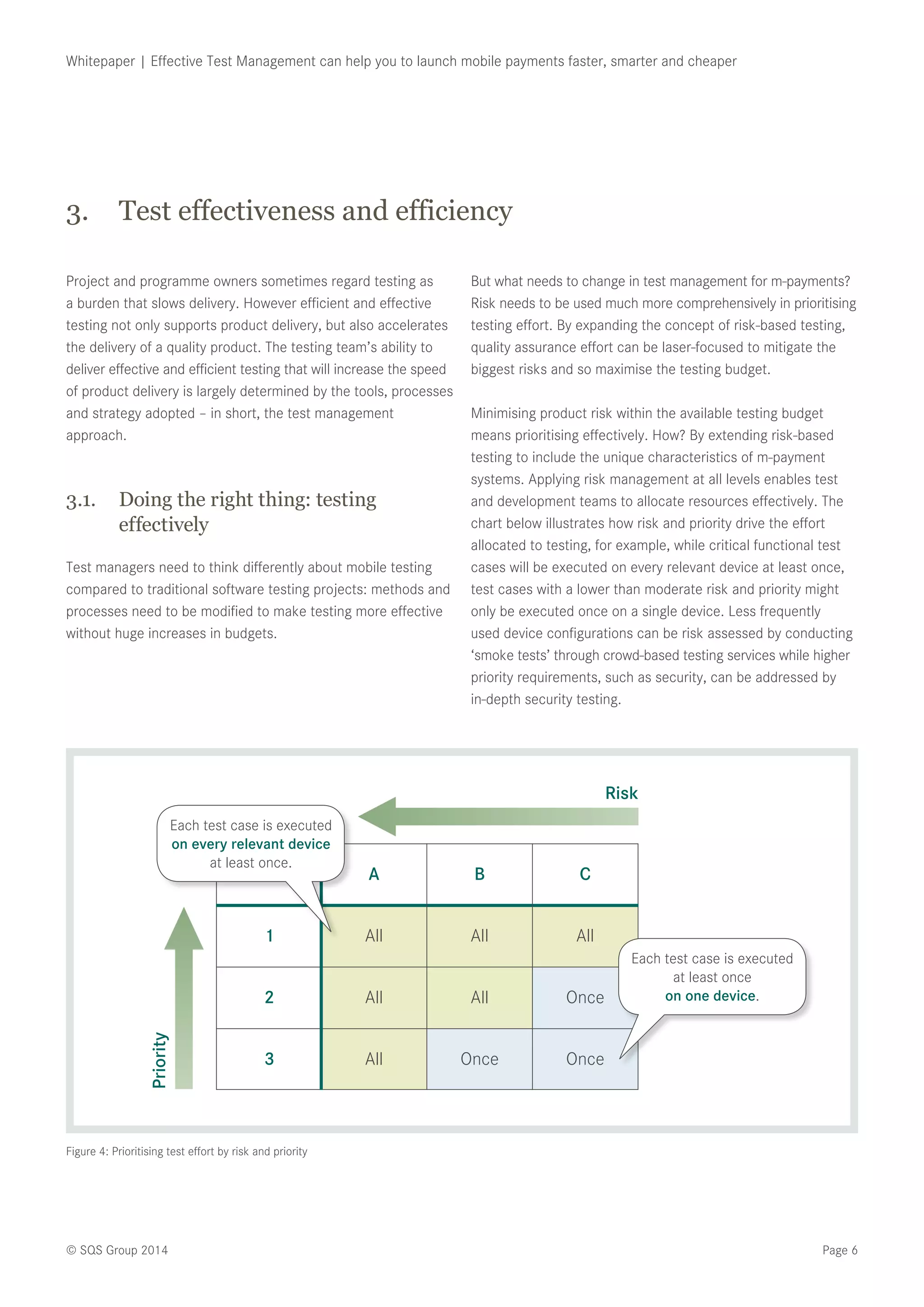 Page 6© SQS Group 2014
Whitepaper | Effective Test Management can help you to launch mobile payments faster, smarter and cheaper
Project and programme owners sometimes regard testing as
a burden that slows delivery. However efficient and effective
testing not only supports product delivery, but also accelerates
the delivery of a quality product. The testing team’s ability to
deliver effective and efficient testing that will increase the speed
of product delivery is largely determined by the tools, processes
and strategy adopted – in short, the test management
approach.
3.1.	 Doing the right thing: testing
effectively
Test managers need to think differently about mobile testing
compared to traditional software testing projects: methods and
processes need to be modified to make testing more effective
without huge increases in budgets.
But what needs to change in test management for m-payments?
Risk needs to be used much more comprehensively in prioritising
testing effort. By expanding the concept of risk-based testing,
quality assurance effort can be laser-focused to mitigate the
biggest risks and so maximise the testing budget.
Minimising product risk within the available testing budget
means prioritising effectively. How? By extending risk-based
testing to include the unique characteristics of m-payment
systems. Applying risk management at all levels enables test
and development teams to allocate resources effectively. The
chart below illustrates how risk and priority drive the effort
allocated to testing, for example, while critical functional test
cases will be executed on every relevant device at least once,
test cases with a lower than moderate risk and priority might
only be executed once on a single device. Less frequently
used device configurations can be risk assessed by conducting
‘smoke tests’ through crowd-based testing services while higher
priority requirements, such as security, can be addressed by
in-depth security testing.
3.	 Test effectiveness and efficiency
Figure 4: Prioritising test effort by risk and priority
Priority
1 All
A
All
B
All
C
2 All All Once
3 All Once Once
Risk
Each test case is executed
at least once
on one device.
Each test case is executed
on every relevant device
at least once.
 