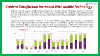 Student Satisfaction IncreasedWith MobileTechnology
Ongoing research suggests that bringing mobility to the education industry has helped students to meet their
ever growing demands. According to the recent survey conducted by the Campus Computing Project, more
than half of the public universities have enabled mobile apps or state they plan to opt for mobile solutions in the
coming year.
As per the Pearson Foundation numbers – 3 out of 5 children aged 12 to 15 now have a Smartphone.
Moreover, the figures show below clearly indicates that half of all children aged 5-15 have their own mobile
device and almost 28% of children aged 5-15 have their own Smartphone. In 2012, the overall mobile device
ownership has not seen any big change, but girls are more likely than boys to own a Smartphone (36% vs. 26%).
A Cygnet Infotech Whitepaper : Mobile Solutions for the Education Industry
 