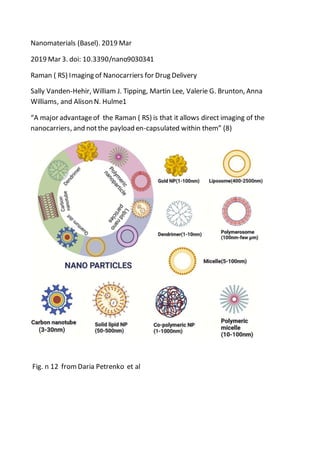 Nanomaterials (Basel). 2019 Mar
2019 Mar 3. doi: 10.3390/nano9030341
Raman ( RS) Imaging of Nanocarriers for Drug Delivery
Sally Vanden-Hehir, William J. Tipping, Martin Lee, Valerie G. Brunton, Anna
Williams, and Alison N. Hulme1
“A major advantageof the Raman ( RS) is that it allows direct imaging of the
nanocarriers, and notthe payload en-capsulated within them” (8)
Fig. n 12 fromDaria Petrenko et al
 
