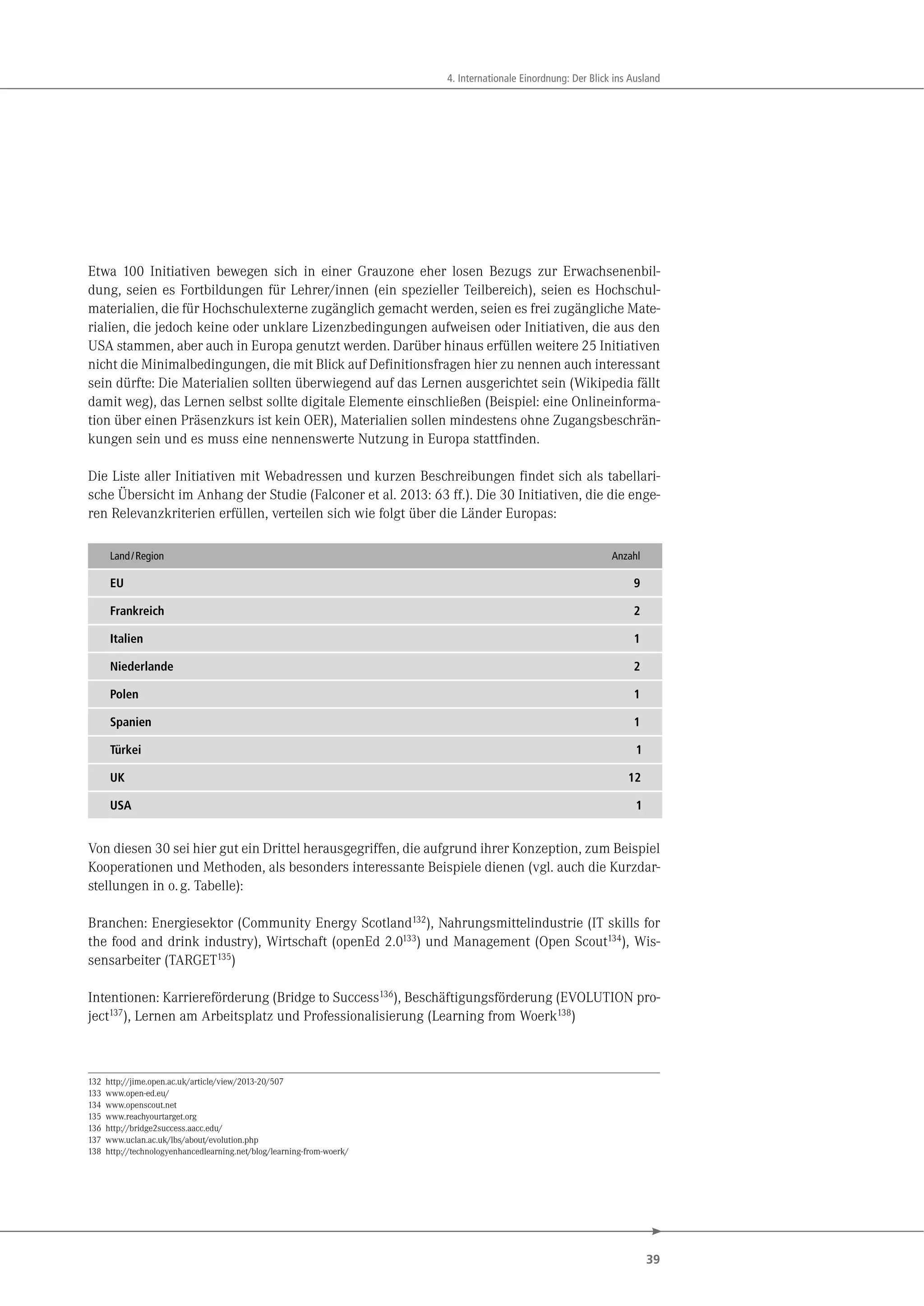 39
4. Internationale Einordnung: Der Blick ins Ausland
Etwa 100 Initiativen bewegen sich in einer Grauzone eher losen Bezugs zur Erwachsenenbil-
dung, seien es Fortbildungen für Lehrer/innen (ein spezieller Teilbereich), seien es Hochschul-
materialien, die für Hochschulexterne zugänglich gemacht werden, seien es frei zugängliche Mate-
rialien, die jedoch keine oder unklare Lizenzbedingungen aufweisen oder Initiativen, die aus den
USA stammen, aber auch in Europa genutzt werden. Darüber hinaus erfüllen weitere 25 Initiativen
nicht die Minimalbedingungen, die mit Blick auf Definitionsfragen hier zu nennen auch interessant
sein dürfte: Die Materialien sollten überwiegend auf das Lernen ausgerichtet sein (Wikipedia fällt
damit weg), das Lernen selbst sollte digitale Elemente einschließen (Beispiel: eine Onlineinforma-
tion über einen Präsenzkurs ist kein OER), Materialien sollen mindestens ohne Zugangsbeschrän-
kungen sein und es muss eine nennenswerte Nutzung in Europa stattfinden.
Die Liste aller Initiativen mit Webadressen und kurzen Beschreibungen findet sich als tabellari-
sche Übersicht im Anhang der Studie (Falconer et al. 2013: 63 ff.). Die 30 Initiativen, die die enge-
ren Relevanzkriterien erfüllen, verteilen sich wie folgt über die Länder Europas:
Land/Region Anzahl
EU 9
Frankreich 2
Italien 1
Niederlande 2
Polen 1
Spanien 1
Türkei
UK
USA
Von diesen 30 sei hier gut ein Drittel herausgegriffen, die aufgrund ihrer Konzeption, zum Beispiel
Kooperationen und Methoden, als besonders interessante Beispiele dienen (vgl. auch die Kurzdar-
stellungen in o.g. Tabelle):
Branchen: Energiesektor (Community Energy Scotland132), Nahrungsmittelindustrie (IT skills for
the food and drink industry), Wirtschaft (openEd 2.0133) und Management (Open Scout134), Wis-
sensarbeiter (TARGET135)
Intentionen: Karriereförderung (Bridge to Success136), Beschäftigungsförderung (EVOLUTION pro-
ject137), Lernen am Arbeitsplatz und Professionalisierung (Learning from Woerk138)
132 http://jime.open.ac.uk/article/view/2013-20/507
133 www.open-ed.eu/
134 www.openscout.net
135 www.reachyourtarget.org
136 http://bridge2success.aacc.edu/
137 www.uclan.ac.uk/lbs/about/evolution.php
138 http://technologyenhancedlearning.net/blog/learning-from-woerk/
 