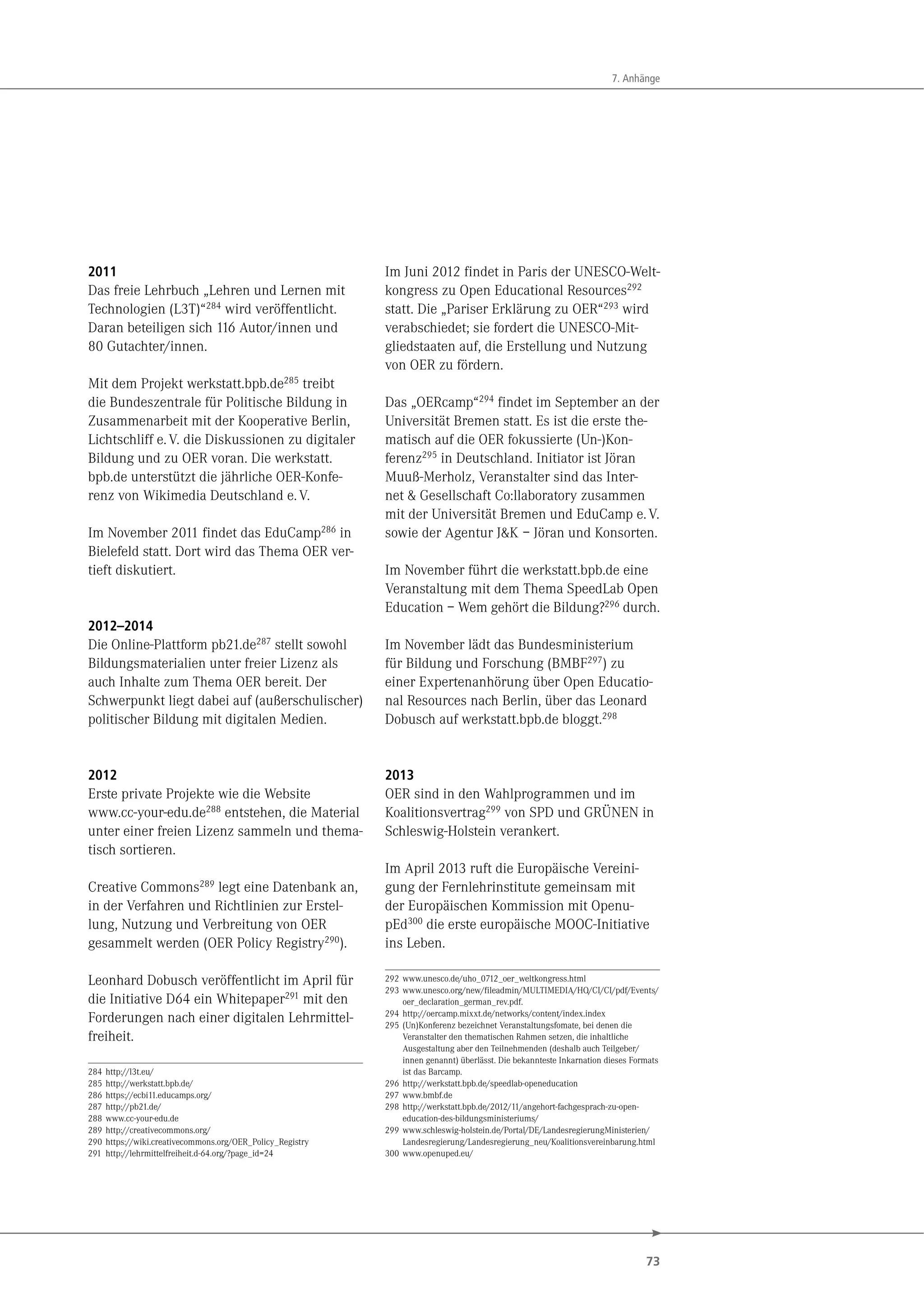 73
7. Anhänge
2011
Das freie Lehrbuch „Lehren und Lernen mit
Technologien (L3T)“284
wird veröffentlicht.
Daran beteiligen sich 116 Autor/innen und
80 Gutachter/innen.
Mit dem Projekt werkstatt.bpb.de285
treibt
die Bundeszentrale für Politische Bildung in
Zusammenarbeit mit der Kooperative Berlin,
Lichtschliff e.V. die Diskussionen zu digitaler
Bildung und zu OER voran. Die werkstatt.
bpb.de unterstützt die jährliche OER-Konfe-
renz von Wikimedia Deutschland e.V.
Im November 2011 findet das EduCamp286 in
Bielefeld statt. Dort wird das Thema OER ver-
tieft diskutiert.
2012–2014
Die Online-Plattform pb21.de287 stellt sowohl
Bildungsmaterialien unter freier Lizenz als
auch Inhalte zum Thema OER bereit. Der
Schwerpunkt liegt dabei auf (außerschulischer)
politischer Bildung mit digitalen Medien.
2012
Erste private Projekte wie die Website
www.cc-your-edu.de288 entstehen, die Material
unter einer freien Lizenz sammeln und thema-
tisch sortieren.
Creative Commons289 legt eine Datenbank an,
in der Verfahren und Richtlinien zur Erstel-
lung, Nutzung und Verbreitung von OER
gesammelt werden (OER Policy Registry290).
Leonhard Dobusch veröffentlicht im April für
die Initiative D64 ein Whitepaper291 mit den
Forderungen nach einer digitalen Lehrmittel-
freiheit.
284 http://l3t.eu/
285 http://werkstatt.bpb.de/
286 https://ecbi11.educamps.org/
287 http://pb21.de/
288 www.cc-your-edu.de
289 http://creativecommons.org/
290 https://wiki.creativecommons.org/OER_Policy_Registry
291 http://lehrmittelfreiheit.d-64.org/?page_id=24
Im Juni 2012 findet in Paris der UNESCO-Welt-
kongress zu Open Educational Resources292
statt. Die „Pariser Erklärung zu OER“293
wird
verabschiedet; sie fordert die UNESCO-Mit-
gliedstaaten auf, die Erstellung und Nutzung
von OER zu fördern.
Das „OERcamp“294
findet im September an der
Universität Bremen statt. Es ist die erste the-
matisch auf die OER fokussierte (Un-)Kon-
ferenz295
in Deutschland. Initiator ist Jöran
Muuß-Merholz, Veranstalter sind das Inter-
net & Gesellschaft Co:llaboratory zusammen
mit der Universität Bremen und EduCamp e.V.
sowie der Agentur J&K – Jöran und Konsorten.
Im November führt die werkstatt.bpb.de eine
Veranstaltung mit dem Thema SpeedLab Open
Education – Wem gehört die Bildung?296 durch.
Im November lädt das Bundesministerium
für Bildung und Forschung (BMBF297) zu
einer Expertenanhörung über Open Educatio-
nal Resources nach Berlin, über das Leonard
Dobusch auf werkstatt.bpb.de bloggt.298
2013
OER sind in den Wahlprogrammen und im
Koalitionsvertrag299 von SPD und GRÜNEN in
Schleswig-Holstein verankert.
Im April 2013 ruft die Europäische Vereini-
gung der Fernlehrinstitute gemeinsam mit
der Europäischen Kommission mit Openu-
pEd300 die erste europäische MOOC-Initiative
ins Leben.
292 www.unesco.de/uho_0712_oer_weltkongress.html
293 www.unesco.org/new/fileadmin/MULTIMEDIA/HQ/CI/CI/pdf/Events/
oer_declaration_german_rev.pdf.
294 http://oercamp.mixxt.de/networks/content/index.index
295 (Un)Konferenz bezeichnet Veranstaltungsfomate, bei denen die
Veranstalter den thematischen Rahmen setzen, die inhaltliche
Ausgestaltung aber den Teilnehmenden (deshalb auch Teilgeber/
innen genannt) überlässt. Die bekannteste Inkarnation dieses Formats
ist das Barcamp.
296 http://werkstatt.bpb.de/speedlab-openeducation
297 www.bmbf.de
298 http://werkstatt.bpb.de/2012/11/angehort-fachgesprach-zu-open-
education-des-bildungsministeriums/
299 www.schleswig-holstein.de/Portal/DE/LandesregierungMinisterien/
Landesregierung/Landesregierung_neu/Koalitionsvereinbarung.html
300 www.openuped.eu/
 
