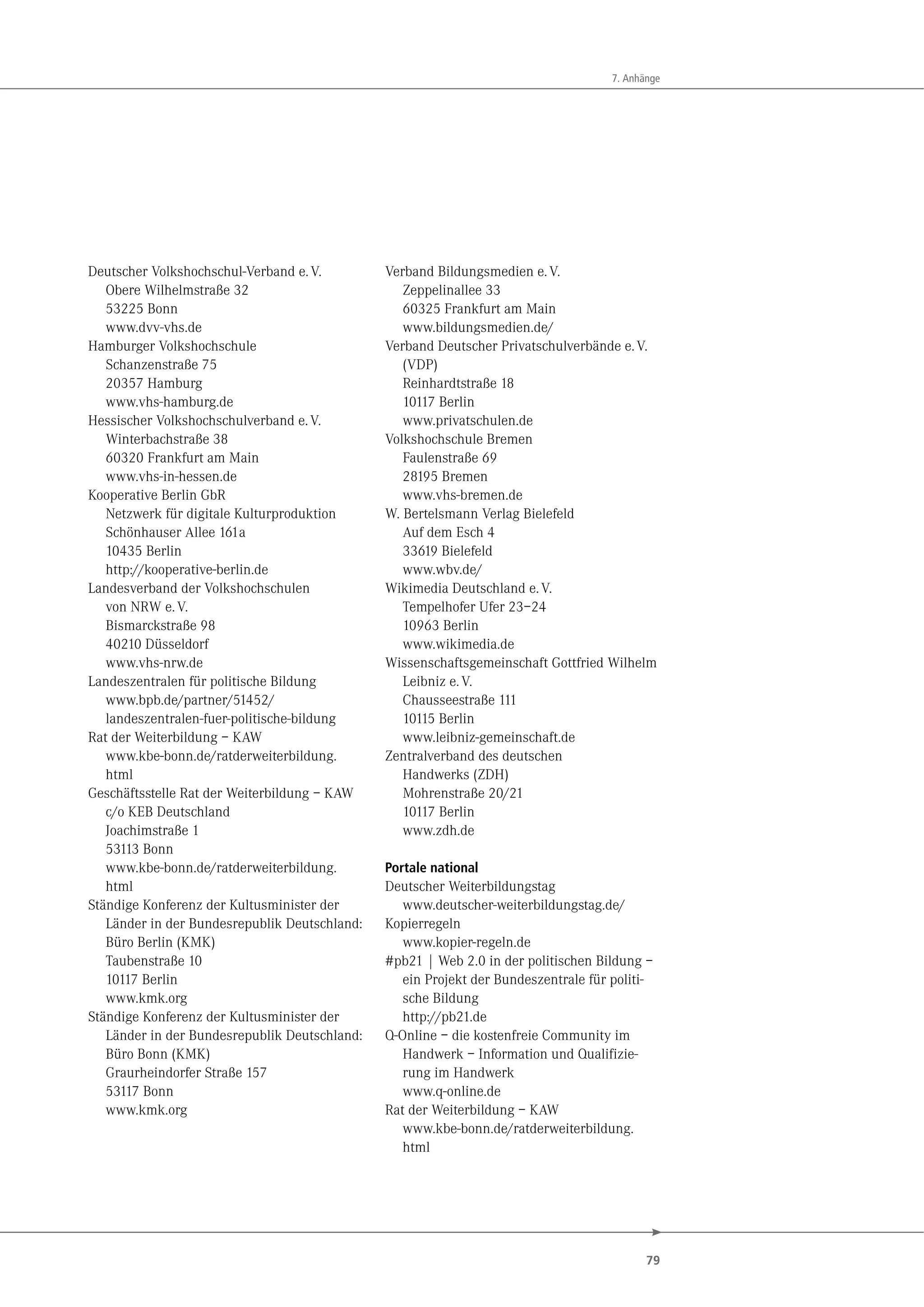 79
7. Anhänge
Deutscher Volkshochschul-Verband e.V.
Obere Wilhelmstraße 32
53225 Bonn
www.dvv-vhs.de
Hamburger Volkshochschule
Schanzenstraße 75
20357 Hamburg
www.vhs-hamburg.de
Hessischer Volkshochschulverband e.V.
Winterbachstraße 38
60320 Frankfurt am Main
www.vhs-in-hessen.de
Kooperative Berlin GbR
Netzwerk für digitale Kulturproduktion
Schönhauser Allee 161a
10435 Berlin
http://kooperative-berlin.de
Landesverband der Volkshochschulen
von NRW e.V.
Bismarckstraße 98
40210 Düsseldorf
www.vhs-nrw.de
Landeszentralen für politische Bildung
www.bpb.de/partner/51452/
landeszentralen-fuer-politische-bildung
Rat der Weiterbildung – KAW
www.kbe-bonn.de/ratderweiterbildung.
html
Geschäftsstelle Rat der Weiterbildung – KAW
c/o KEB Deutschland
Joachimstraße 1
53113 Bonn
www.kbe-bonn.de/ratderweiterbildung.
html
Ständige Konferenz der Kultusminister der
Länder in der Bundesrepublik Deutschland:
Büro Berlin (KMK)
Taubenstraße 10
10117 Berlin
www.kmk.org
Ständige Konferenz der Kultusminister der
Länder in der Bundesrepublik Deutschland:
Büro Bonn (KMK)
Graurheindorfer Straße 157
53117 Bonn
www.kmk.org
Verband Bildungsmedien e.V.
Zeppelinallee 33
60325 Frankfurt am Main
www.bildungsmedien.de/
Verband Deutscher Privatschulverbände e.V.
(VDP)
Reinhardtstraße 18
10117 Berlin
www.privatschulen.de
Volkshochschule Bremen
Faulenstraße 69
28195 Bremen
www.vhs-bremen.de
W. Bertelsmann Verlag Bielefeld
Auf dem Esch 4
33619 Bielefeld
www.wbv.de/
Wikimedia Deutschland e.V.
Tempelhofer Ufer 23–24
10963 Berlin
www.wikimedia.de
Wissenschaftsgemeinschaft Gottfried Wilhelm
Leibniz e.V.
Chausseestraße 111
10115 Berlin
www.leibniz-gemeinschaft.de
Zentralverband des deutschen
Handwerks (ZDH)
Mohrenstraße 20/21
10117 Berlin
www.zdh.de
Portale national
Deutscher Weiterbildungstag
www.deutscher-weiterbildungstag.de/
Kopierregeln
www.kopier-regeln.de
#pb21 | Web 2.0 in der politischen Bildung –
ein Projekt der Bundeszentrale für politi-
sche Bildung
http://pb21.de
Q-Online – die kostenfreie Community im
Handwerk – Information und Qualifizie-
rung im Handwerk
www.q-online.de
Rat der Weiterbildung – KAW
www.kbe-bonn.de/ratderweiterbildung.
html
 