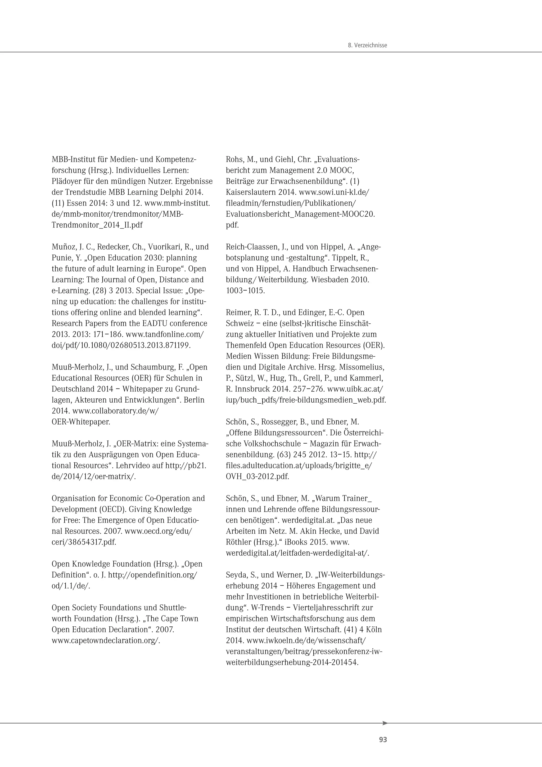 93
8. Verzeichnisse
MBB-Institut für Medien- und Kompetenz-
forschung (Hrsg.). Individuelles Lernen:
Plädoyer für den mündigen Nutzer. Ergebnisse
der Trendstudie MBB Learning Delphi 2014.
(11) Essen 2014: 3 und 12. www.mmb-institut.
de/mmb-monitor/trendmonitor/MMB-
Trendmonitor_2014_II.pdf
Muñoz, J. C., Redecker, Ch., Vuorikari, R., und
Punie, Y. „Open Education 2030: planning
the future of adult learning in Europe“. Open
Learning: The Journal of Open, Distance and
e-Learning. (28) 3 2013. Special Issue: „Ope-
ning up education: the challenges for institu-
tions offering online and blended learning“.
Research Papers from the EADTU conference
2013. 2013: 171–186. www.tandfonline.com/
doi/pdf/10.1080/02680513.2013.871199.
Muuß-Merholz, J., und Schaumburg, F. „Open
Educational Resources (OER) für Schulen in
Deutschland 2014 – Whitepaper zu Grund-
lagen, Akteuren und Entwicklungen“. Berlin
2014. www.collaboratory.de/w/
OER-Whitepaper.
Muuß-Merholz, J. „OER-Matrix: eine Systema-
tik zu den Ausprägungen von Open Educa-
tional Resources“. Lehrvideo auf http://pb21.
de/2014/12/oer-matrix/.
Organisation for Economic Co-Operation and
Development (OECD). Giving Knowledge
for Free: The Emergence of Open Educatio-
nal Resources. 2007. www.oecd.org/edu/
ceri/38654317.pdf.
Open Knowledge Foundation (Hrsg.). „Open
Definition“. o. J. http://opendefinition.org/
od/1.1/de/.
Open Society Foundations und Shuttle-
worth Foundation (Hrsg.). „The Cape Town
Open Education Declaration“. 2007.
www.capetowndeclaration.org/.
Rohs, M., und Giehl, Chr. „Evaluations-
bericht zum Management 2.0 MOOC,
Beiträge zur Erwachsenenbildung“. (1)
Kaiserslautern 2014. www.sowi.uni-kl.de/
fileadmin/fernstudien/Publikationen/
Evaluationsbericht_Management-MOOC20.
pdf.
Reich-Claassen, J., und von Hippel, A. „Ange-
botsplanung und -gestaltung“. Tippelt, R.,
und von Hippel, A. Handbuch Erwachsenen-
bildung/Weiterbildung. Wiesbaden 2010.
1003–1015.
Reimer, R. T. D., und Edinger, E.-C. Open
Schweiz – eine (selbst-)kritische Einschät-
zung aktueller Initiativen und Projekte zum
Themenfeld Open Education Resources (OER).
Medien Wissen Bildung: Freie Bildungsme-
dien und Digitale Archive. Hrsg. Missomelius,
P., Sützl, W., Hug, Th., Grell, P., und Kammerl,
R. Innsbruck 2014. 257–276. www.uibk.ac.at/
iup/buch_pdfs/freie-bildungsmedien_web.pdf.
Schön, S., Rossegger, B., und Ebner, M.
„Offene Bildungsressourcen“. Die Österreichi-
sche Volkshochschule – Magazin für Erwach-
senenbildung. (63) 245 2012. 13–15. http://
files.adulteducation.at/uploads/brigitte_e/
OVH_03-2012.pdf.
Schön, S., und Ebner, M. „Warum Trainer_
innen und Lehrende offene Bildungsressour-
cen benötigen“. werdedigital.at. „Das neue
Arbeiten im Netz. M. Akin Hecke, und David
Röthler (Hrsg.).“ iBooks 2015. www.
werdedigital.at/leitfaden-werdedigital-at/.
Seyda, S., und Werner, D. „IW-Weiterbildungs-
erhebung 2014 – Höheres Engagement und
mehr Investitionen in betriebliche Weiterbil-
dung“. W-Trends – Vierteljahresschrift zur
empirischen Wirtschaftsforschung aus dem
Institut der deutschen Wirtschaft. (41) 4 Köln
2014. www.iwkoeln.de/de/wissenschaft/
veranstaltungen/beitrag/pressekonferenz-iw-
weiterbildungserhebung-2014-201454.
 