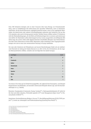 39
4. Internationale Einordnung: Der Blick ins Ausland
Etwa 100 Initiativen bewegen sich in einer Grauzone eher losen Bezugs zur Erwachsenenbil-
dung, seien es Fortbildungen für Lehrer/innen (ein spezieller Teilbereich), seien es Hochschul-
materialien, die für Hochschulexterne zugänglich gemacht werden, seien es frei zugängliche Mate-
rialien, die jedoch keine oder unklare Lizenzbedingungen aufweisen oder Initiativen, die aus den
USA stammen, aber auch in Europa genutzt werden. Darüber hinaus erfüllen weitere 25 Initiativen
nicht die Minimalbedingungen, die mit Blick auf Definitionsfragen hier zu nennen auch interessant
sein dürfte: Die Materialien sollten überwiegend auf das Lernen ausgerichtet sein (Wikipedia fällt
damit weg), das Lernen selbst sollte digitale Elemente einschließen (Beispiel: eine Onlineinforma-
tion über einen Präsenzkurs ist kein OER), Materialien sollen mindestens ohne Zugangsbeschrän-
kungen sein und es muss eine nennenswerte Nutzung in Europa stattfinden.
Die Liste aller Initiativen mit Webadressen und kurzen Beschreibungen findet sich als tabellari-
sche Übersicht im Anhang der Studie (Falconer et al. 2013: 63 ff.). Die 30 Initiativen, die die enge-
ren Relevanzkriterien erfüllen, verteilen sich wie folgt über die Länder Europas:
Land/Region Anzahl
EU 9
Frankreich 2
Italien 1
Niederlande 2
Polen 1
Spanien 1
Türkei
UK
USA
Von diesen 30 sei hier gut ein Drittel herausgegriffen, die aufgrund ihrer Konzeption, zum Beispiel
Kooperationen und Methoden, als besonders interessante Beispiele dienen (vgl. auch die Kurzdar-
stellungen in o.g. Tabelle):
Branchen: Energiesektor (Community Energy Scotland132), Nahrungsmittelindustrie (IT skills for
the food and drink industry), Wirtschaft (openEd 2.0133) und Management (Open Scout134), Wis-
sensarbeiter (TARGET135)
Intentionen: Karriereförderung (Bridge to Success136), Beschäftigungsförderung (EVOLUTION pro-
ject137), Lernen am Arbeitsplatz und Professionalisierung (Learning from Woerk138)
132 http://jime.open.ac.uk/article/view/2013-20/507
133 www.open-ed.eu/
134 www.openscout.net
135 www.reachyourtarget.org
136 http://bridge2success.aacc.edu/
137 www.uclan.ac.uk/lbs/about/evolution.php
138 http://technologyenhancedlearning.net/blog/learning-from-woerk/
 