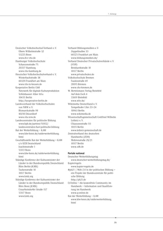 79
7. Anhänge
Deutscher Volkshochschul-Verband e.V.
Obere Wilhelmstraße 32
53225 Bonn
www.dvv-vhs.de
Hamburger Volkshochschule
Schanzenstraße 75
20357 Hamburg
www.vhs-hamburg.de
Hessischer Volkshochschulverband e.V.
Winterbachstraße 38
60320 Frankfurt am Main
www.vhs-in-hessen.de
Kooperative Berlin GbR
Netzwerk für digitale Kulturproduktion
Schönhauser Allee 161a
10435 Berlin
http://kooperative-berlin.de
Landesverband der Volkshochschulen
von NRW e.V.
Bismarckstraße 98
40210 Düsseldorf
www.vhs-nrw.de
Landeszentralen für politische Bildung
www.bpb.de/partner/51452/
landeszentralen-fuer-politische-bildung
Rat der Weiterbildung – KAW
www.kbe-bonn.de/ratderweiterbildung.
html
Geschäftsstelle Rat der Weiterbildung – KAW
c/o KEB Deutschland
Joachimstraße 1
53113 Bonn
www.kbe-bonn.de/ratderweiterbildung.
html
Ständige Konferenz der Kultusminister der
Länder in der Bundesrepublik Deutschland:
Büro Berlin (KMK)
Taubenstraße 10
10117 Berlin
www.kmk.org
Ständige Konferenz der Kultusminister der
Länder in der Bundesrepublik Deutschland:
Büro Bonn (KMK)
Graurheindorfer Straße 157
53117 Bonn
www.kmk.org
Verband Bildungsmedien e.V.
Zeppelinallee 33
60325 Frankfurt am Main
www.bildungsmedien.de/
Verband Deutscher Privatschulverbände e.V.
(VDP)
Reinhardtstraße 18
10117 Berlin
www.privatschulen.de
Volkshochschule Bremen
Faulenstraße 69
28195 Bremen
www.vhs-bremen.de
W. Bertelsmann Verlag Bielefeld
Auf dem Esch 4
33619 Bielefeld
www.wbv.de/
Wikimedia Deutschland e.V.
Tempelhofer Ufer 23–24
10963 Berlin
www.wikimedia.de
Wissenschaftsgemeinschaft Gottfried Wilhelm
Leibniz e.V.
Chausseestraße 111
10115 Berlin
www.leibniz-gemeinschaft.de
Zentralverband des deutschen
Handwerks (ZDH)
Mohrenstraße 20/21
10117 Berlin
www.zdh.de
Portale national
Deutscher Weiterbildungstag
www.deutscher-weiterbildungstag.de/
Kopierregeln
www.kopier-regeln.de
#pb21 | Web 2.0 in der politischen Bildung –
ein Projekt der Bundeszentrale für politi-
sche Bildung
http://pb21.de
Q-Online – die kostenfreie Community im
Handwerk – Information und Qualifizie-
rung im Handwerk
www.q-online.de
Rat der Weiterbildung – KAW
www.kbe-bonn.de/ratderweiterbildung.
html
 