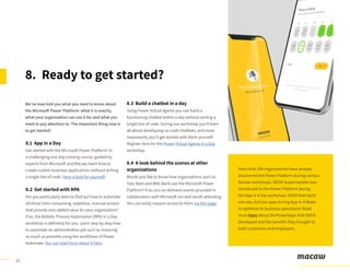 15
We’ve now told you what you need to know about
the Microsoft Power Platform: what it is exactly,
what your organization can use it for and what you
need to pay attention to. The important thing now is
to get started!
8. Ready to get started?
8.1 App in a Day
Get started with the Microsoft Power Platform! In
a challenging one-day training course, guided by
experts from Microsoft and Macaw, learn how to
create custom business applications without writing
a single line of code. Have a look for yourself!
8.2 Get started with RPA
Are you particularly keen to find out how to automate
all those time-consuming, repetitive, manual actions
that provide zero added value for your organization?
If so, the Robotic Process Automation (RPA) in a Day
workshop is definitely for you. Learn step by step how
to automate an administrative job such as invoicing
as much as possible using the workflows of Power
Automate. You can read more about it here.
8.3 Build a chatbot in a day
Using Power Virtual Agents you can build a
functioning chatbot within a day without writing a
single line of code. During our workshop you’ll learn
all about developing no-code chatbots, and more
importantly you’ll get started with them yourself.
Register here for the Power Virtual Agents in a Day
workshop.
8.4 A look behind the scenes at other
organizations
Would you like to know how organizations such as
Tata Steel and BNG Bank use the Microsoft Power
Platform? If so, our on-demand events provided in
collaboration with Microsoft are well worth attending.
You can easily request access to them via this page.
More than 100 organizations have already
discovered the Power Platform during various
Macaw workshops. DEEN Supermarkets was
introduced to the Power Platform during
the App in A Day workshop. DEEN then built
not one, but two apps during App in A Week
to optimise its business operations! Read
more here about the PowerApps that DEEN
developed and the benefits they brought to
both customers and employees.
 