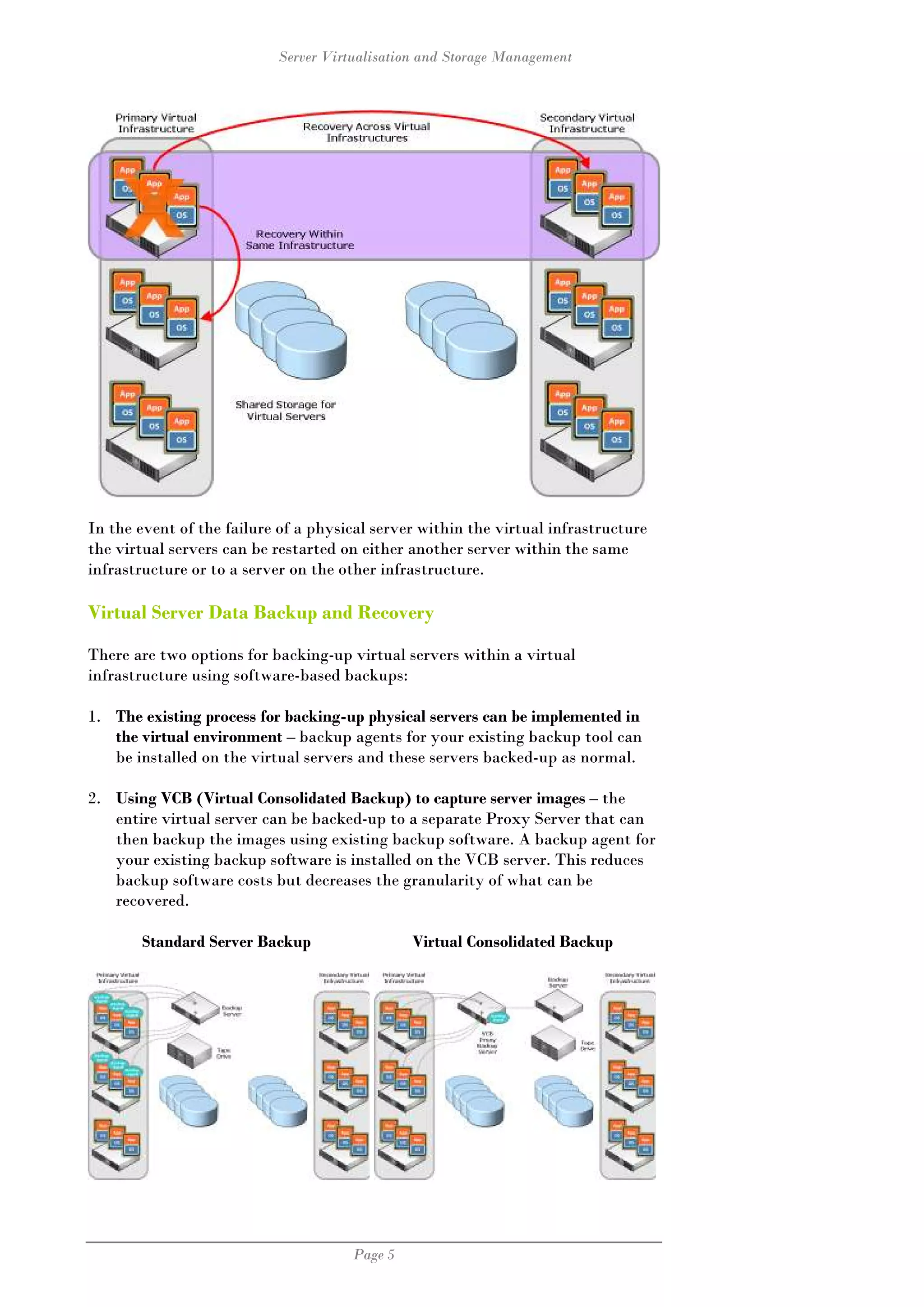 Server Virtualisation and Storage Management




In the event of the failure of a physical server within the virtual infrastructure
the virtual servers can be restarted on either another server within the same
infrastructure or to a server on the other infrastructure.

Virtual Server Data Backup and Recovery

There are two options for backing-up virtual servers within a virtual
infrastructure using software-based backups:

1. The existing process for backing-up physical servers can be implemented in
   the virtual environment – backup agents for your existing backup tool can
   be installed on the virtual servers and these servers backed-up as normal.

2. Using VCB (Virtual Consolidated Backup) to capture server images – the
   entire virtual server can be backed-up to a separate Proxy Server that can
   then backup the images using existing backup software. A backup agent for
   your existing backup software is installed on the VCB server. This reduces
   backup software costs but decreases the granularity of what can be
   recovered.

       Standard Server Backup                  Virtual Consolidated Backup




                                      Page 5
 