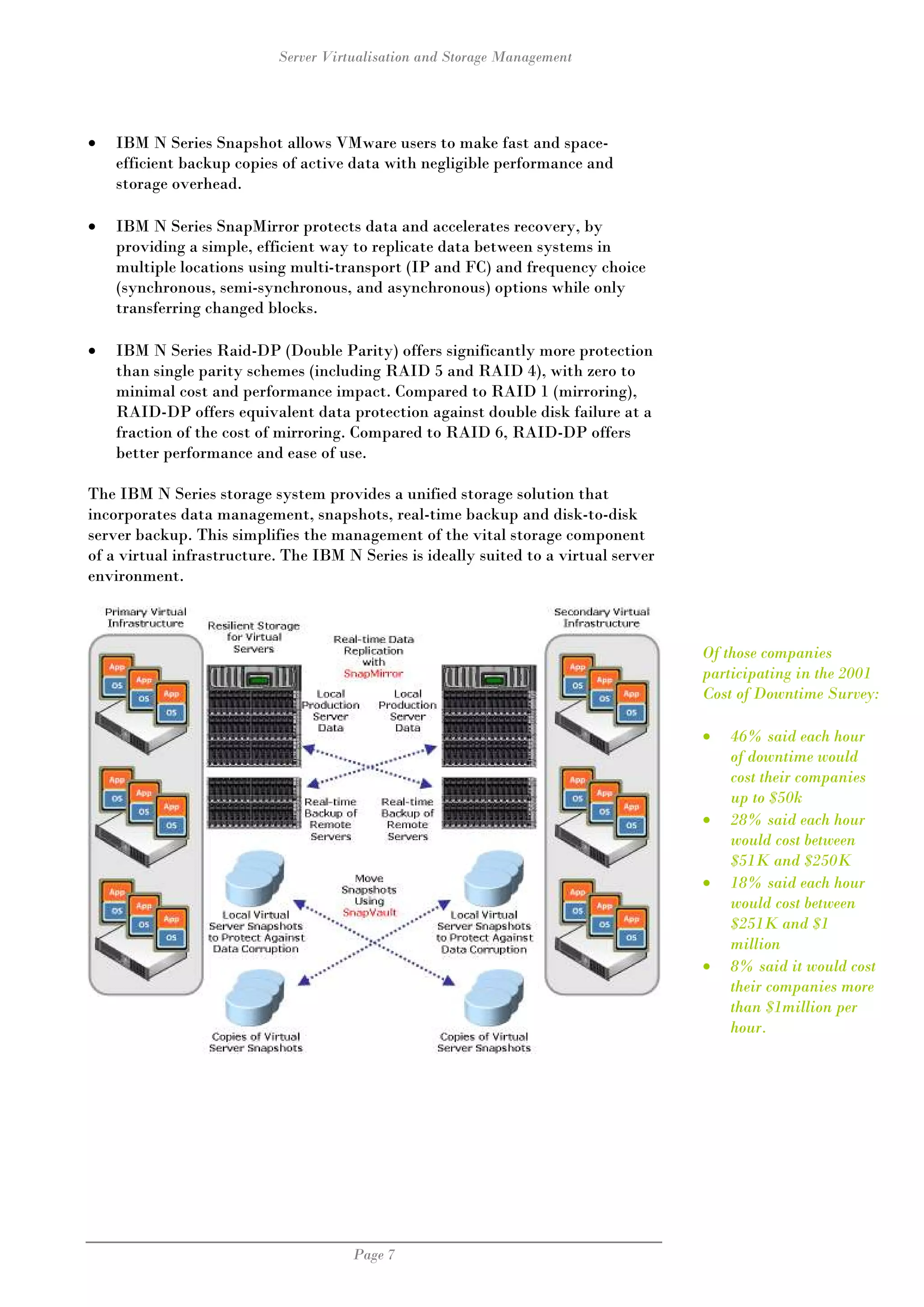 Server Virtualisation and Storage Management




•   IBM N Series Snapshot allows VMware users to make fast and space-
    efficient backup copies of active data with negligible performance and
    storage overhead.

•   IBM N Series SnapMirror protects data and accelerates recovery, by
    providing a simple, efficient way to replicate data between systems in
    multiple locations using multi-transport (IP and FC) and frequency choice
    (synchronous, semi-synchronous, and asynchronous) options while only
    transferring changed blocks.

•   IBM N Series Raid-DP (Double Parity) offers significantly more protection
    than single parity schemes (including RAID 5 and RAID 4), with zero to
    minimal cost and performance impact. Compared to RAID 1 (mirroring),
    RAID-DP offers equivalent data protection against double disk failure at a
    fraction of the cost of mirroring. Compared to RAID 6, RAID-DP offers
    better performance and ease of use.

The IBM N Series storage system provides a unified storage solution that
incorporates data management, snapshots, real-time backup and disk-to-disk
server backup. This simplifies the management of the vital storage component
of a virtual infrastructure. The IBM N Series is ideally suited to a virtual server
environment.



                                                                                      Of those companies
                                                                                      participating in the 2001
                                                                                      Cost of Downtime Survey:

                                                                                      •   46% said each hour
                                                                                          of downtime would
                                                                                          cost their companies
                                                                                          up to $50k
                                                                                      •   28% said each hour
                                                                                          would cost between
                                                                                          $51K and $250K
                                                                                      •   18% said each hour
                                                                                          would cost between
                                                                                          $251K and $1
                                                                                          million
                                                                                      •   8% said it would cost
                                                                                          their companies more
                                                                                          than $1million per
                                                                                          hour.




                                      Page 7
 