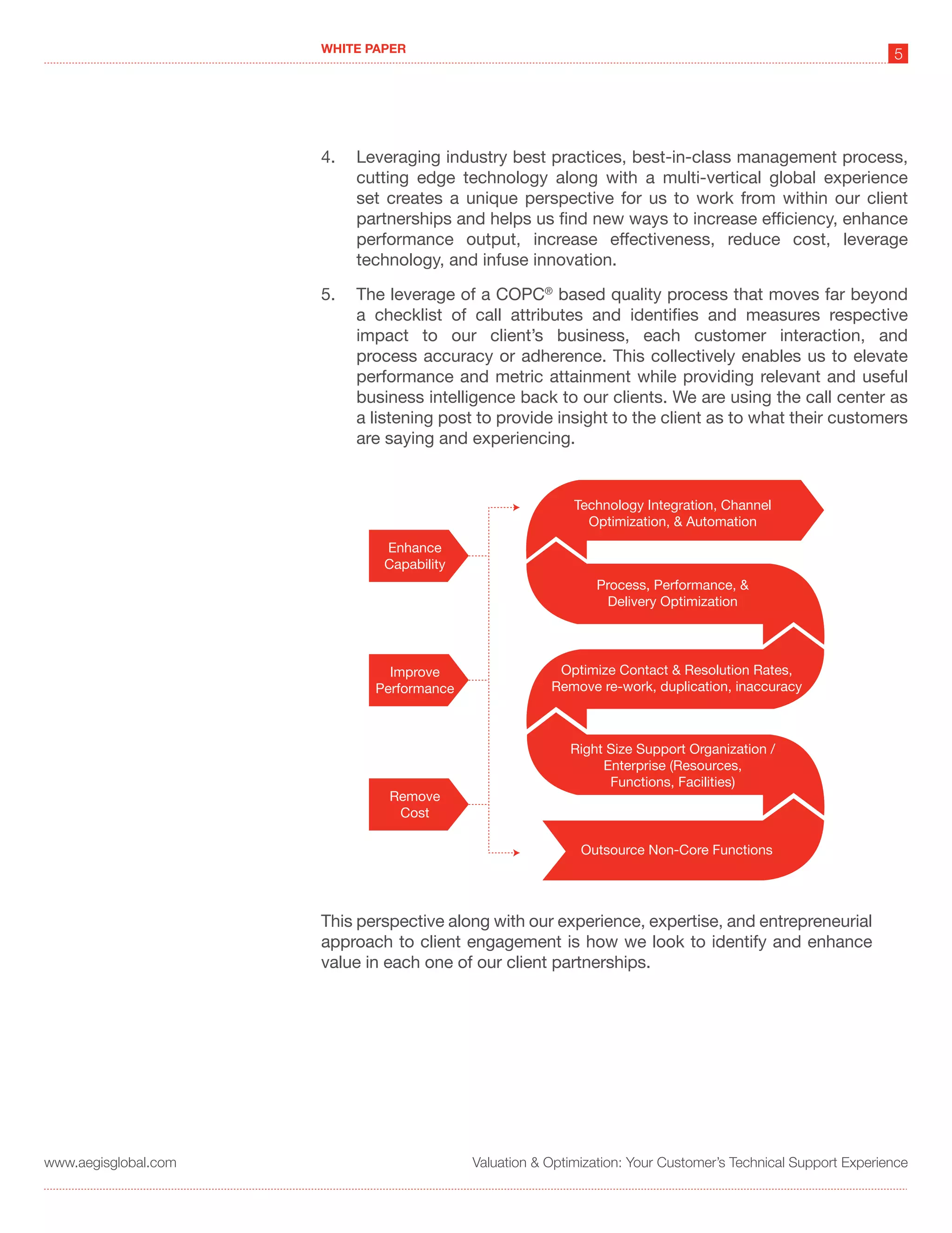 WHITE PAPER
                                                                                                              5




                      4.   Leveraging industry best practices, best-in-class management process,
                           cutting edge technology along with a multi-vertical global experience
                           set creates a unique perspective for us to work from within our client
                           partnerships and helps us find new ways to increase efficiency, enhance
                           performance output, increase effectiveness, reduce cost, leverage
                           technology, and infuse innovation.

                      5.   The leverage of a COPC® based quality process that moves far beyond
                           a checklist of call attributes and identifies and measures respective
                           impact to our client’s business, each customer interaction, and
                           process accuracy or adherence. This collectively enables us to elevate
                           performance and metric attainment while providing relevant and useful
                           business intelligence back to our clients. We are using the call center as
                           a listening post to provide insight to the client as to what their customers
                           are saying and experiencing.


                                                           Technology Integration, Channel
                                                             Optimization, & Automation
                              Enhance
                              Capability
                                                              Process, Performance, &
                                                                Delivery Optimization




                               Improve                  Optimize Contact & Resolution Rates,
                             Performance               Remove re-work, duplication, inaccuracy



                                                          Right Size Support Organization /
                                                               Enterprise (Resources,
                                                                Functions, Facilities)
                               Remove
                                Cost

                                                            Outsource Non-Core Functions




                      This perspective along with our experience, expertise, and entrepreneurial
                      approach to client engagement is how we look to identify and enhance
                      value in each one of our client partnerships.




www.aegisglobal.com                        Valuation & Optimization: Your Customer’s Technical Support Experience
 