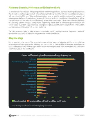 Platforms- Diversity, Preferences and Selection criteria
As enterprises move toward integrating mobility into their operations, a critical challenge to address is
the diversity in platforms, particularly when choosing the Bring-Your-Own-Device model. Each employee
will use a device of his own liking and organizations have to build-in an infrastructure that supports all
major device platforms. Standardizing on a single platform while not considering other platforms will be
a major barrier to full-scale adaption of mobility. When asked in a study4 - How many different platforms
or Operating Systems will your company be supporting- nearly 38% of companies participating in the
survey across US and UK support already are or planning to support five or more platforms whereas 58%
companies expect to support 20 or more platforms.

The companies also need to keep an eye on the market trends carefully to ensure they aren’t caught off
guard when popularity of platforms surge or wane in user preferences.

Adoption Stage
It’s not surprising that most of the organizations are at initial stages of adoption with focus being laid on
providing email/messaging and scheduling, etc., on mobiles to their workforce. However, we will see the
focus shift to adoption of mobile applications in core business processes such as CRM, ERP, and Sales Force
Automation, etc. in the near future.


                           Current and future adoption of various mobile apps in enterprises.
                                               Email/messaging                                                                                     91%
                                                                                                                                                     93%

    Personal information management (PIM)- calendar and contacts

                                               Instant messaging                                                           51%
                                                                                                                                       64%

                                            Enterprise telephony                                           35%
                                                                                                                         48%

                        Customer relationship management (CRM)                                      29%
                                                                                                                           50%
                                                                                                    29%
                                    Sales force automation (SFA)                                                 40%

                               Business intelligence (dashboards)                         22%
                                                                                                                         49%

                                            Collaboration (wikis)                         22%
                                                                                                                   43%

                                         Document management                        18%
                                                                                                                         48%

                           Enterprise resource management (ERP)                   15%
                                                                                                     30%

                                                Field force (FFA)           11%
                                                                                        20%

                                       Supply chain management              11%
                                                                                        20%

                                          Human resources (HR)              10%
                                                                                              23%

                                                           Other     4%
                                                                       6%
                                                                0%                 20%                      40%                  60%         80%       100%
         Currently mobilized                   Currently mobilized and/or will be mobilized–next 12 months

    Source : CIO Strategy Forum Market Pulse, Mobile Technology Strategy and Investments




                         Enterprise Mobile Apps - Empower your Business Functions / 12                                                                 4   Kelton Research
 
