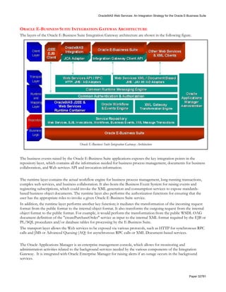 Oracle9iAS Web Services: An Integration Strategy for the Oracle E-Business Suite



ORACLE E-BUSINESS SUITE INTEGRATION GATEWAY ARCHITECTURE
The layers of the Oracle E-Business Suite Integration Gateway architecture are shown in the following figure.




                                      Oracle E-Business Suite Integration Gateway Architecture


The business events raised by the Oracle E-Business Suite applications exposes the key integration points in the
repository layer, which contains all the information needed for business process management, documents for business
collaboration, and Web services API and invocation information.

The runtime layer contains the actual workflow engine for business process management, long running transactions,
complex web services, and business collaboration. It also hosts the Business Event System for raising events and
registering subscriptions, which could invoke the XML generation and consumption services to expose standards-
based business object documents. The runtime layer also performs the authorization functions for ensuring that the
user has the appropriate roles to invoke a given Oracle E-Business Suite service.
In addition, the runtime layer performs another key function; it mediates the transformation of the incoming request
format from the public format to the internal object format. It also transforms the outgoing request from the internal
object format to the public format. For example, it would perform the transformation from the public WSDL OAG
document definition of the "createPurchaseOrder" service as input to the internal XML format required by the EJB or
PL/SQL procedures and/or database tables for processing by the E-Business Suite.
The transport layer allows the Web services to be exposed via various protocols, such as HTTP for synchronous RPC
calls and JMS or Advanced Queuing (AQ) for asynchronous RPC calls or XML Document-based services.

The Oracle Applications Manager is an enterprise management console, which allows for monitoring and
administration activities related to the background services needed by the various components of the Integration
Gateway. It is integrated with Oracle Enterprise Manager for raising alerts if an outage occurs in the background
services.



                                                                                                                       Paper 32781
 