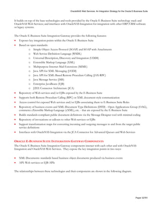 Oracle9iAS Web Services: An Integration Strategy for the Oracle E-Business Suite



It builds on top of the base technologies and tools provided by the Oracle E-Business Suite technology stack and
Oracle9iAS Web Services; and interfaces with Oracle9iAS Integration for integration with other ERP/CRM software
or legacy systems.

The Oracle E-Business Suite Integration Gateway provides the following features:
•   Exposes key integration points within the Oracle E-Business Suite
•   Based on open standards:
           o Simple Object Access Protocol (SOAP) and SOAP with Attachments
           o Web Service Definition Language (WSDL)
           o Universal Description, Discovery and Integration (UDDI)
           o Extensible Markup Language (XML)
           o Multipurpose Internet Mail Extensions (MIME)
           o Java API for XML Messaging (JAXM)
           o Java API for XML-Based Remote Procedure Calling (JAX-RPC)
           o Java Message Service (JMS)
           o Enterprise JavaBeans (EJB)
           o J2EE Connector Architecture (JCA)
•   Repository of Web services and/or EJBs exposed by the E-Business Suite
•   Supports both Remote Procedure Calling (RPC) or XML document-style communication
•   Access control for exposed Web services and/or EJBs associating them to E-Business Suite Roles
•   Repository of business events and XML Document Type Definitions (DTD) - Open Applications Group (OAG),
    commerce eXtensible Markup Language (cXML), etc. - that are exposed by the E-Business Suite
•   Builds standards-compliant public document definitions via the Message Designer tool with minimal coding
•   Repository of invocations or callouts to other Web services or EJBs
•   Support transformation maps for converting incoming and outgoing messages to and from the target public
    service definitions
•   Interfaces with Oracle9iAS Integration via the JCA Connector for Advanced Queues and Web Services


ORACLE E-BUSINESS SUITE INTEGRATION GATEWAY COMPONENTS
The Oracle E-Business Suite Integration Gateway components interact with each other and with Oracle9iAS
Integration and Oracle9iAS Web Services. They expose the key integration points in two ways:


•   XML Documents: standards based business object documents produced via business events
•   API: Web services or EJB APIs

The relationships between these technologies and their components are shown in the following diagram.




                                                                                                                    Paper 32781
 