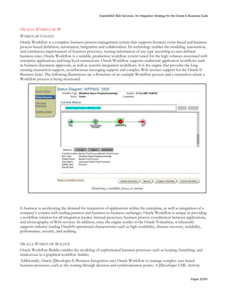 Oracle9iAS Web Services: An Integration Strategy for the Oracle E-Business Suite



ORACLE WORKFLOW ®
WORKFLOW ENGINE
Oracle Workflow is a complete business process management system that supports business event-based and business
process-based definition, automation, integration and collaboration. Its technology enables the modeling, automation,
and continuous improvement of business processes, routing information of any type according to user-defined
business rules. Oracle Workflow is a scalable, production workflow system tuned for the high volumes associated with
enterprise applications and long-lived transactions. Oracle Workflow supports traditional application workflows such
as business document approvals, as well as systems integration workflows. It is the engine that provides the long
running transaction support, asynchronous messaging support and complex Web services support for the Oracle E-
Business Suite. The following illustrations are a flowchart of an example Workflow process and a screenshot where a
Workflow process is being monitored.




                                 Example Workflow process for approving a Purchase Requisition.




                                                Monitoring a workflow process at runtime




E-business is accelerating the demand for integration of applications within the enterprise, as well as integration of a
company's systems with trading partners and business-to-business exchanges. Oracle Workflow is unique in providing
a workflow solution for all integration locales: internal processes, business process coordination between applications,
and choreography of Web services. In addition, since the engine resides in the Oracle 9i database, it inherently
supports industry-leading Oracle9i operational characteristics such as high availability, disaster recovery, scalability,
performance, security, and auditing.


ORACLE WORKFLOW BUILDER
Oracle Workflow Builder enables the modeling of sophisticated business processes such as looping, branching, and
rendezvous in a graphical workflow builder.
Additionally, Oracle JDeveloper E-Business Integration uses Oracle Workflow to manage complex user-based
business processes, such as the routing through decision and synchronization points. A JDeveloper UML Activity


                                                                                                                         Paper 32781
 