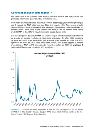 Comment analyser cette reprise ? 
Afin de répondre à ces questions, nous avons construit un « indice M&A » propriétaire qui permet de déterminer à quel moment du cycle l’on se situe. 
Pour mettre en place cet indice, nous nous sommes d’abord appuyés sur le long historique des 6 vagues de M&A observées aux États-Unis depuis 1895. Nous avons ensuite déterminé les principaux facteurs explicatifs, exogènes ou endogènes, de l’activité M&A à un moment donné. Enfin, nous avons combiné ces facteurs afin de calculer notre indice d’activité M&A et d’identifier le haut, le milieu et le bas de chaque cycle. 
L’analyse temporelle de l’activité M&A sur une très longue période nécessite naturellement de prendre en compte l’évolution de l’économie américaine. En effet, 1000 opérations de M&A aujourd’hui n’ont évidemment pas le même poids mesuré en dollar que 1000 opérations en début de XXème siècle. Dans cette optique, nous avons rapporté le nombre d’opérations de M&A au PIB américain réel mesuré en dollars de 2009. Le graphique 3 montre ainsi l’évolution de ce ratio de 1895 à nos jours. 
GRAPHIQUE 3 - Évolution du nombre d’opérations de M&A aux États-Unis rapporté au PIB réel mesuré en Mds$ et en dollar de 2009 - Sources : Gaughan (1999), Nelson (1959), Historical Statistics of the US - Colonial Times to 1970, Mergerstat Review, Bloomberg. 
0.00 
0.50 
1.00 
1.50 
2.00 
2.50 
3.00 
Nombre d’opérations de M&A / PIB en Mds$ 
Activité M&A : où en est-on dans le cycle ? - OFI ASSET MANAGEMENT - 6 
 