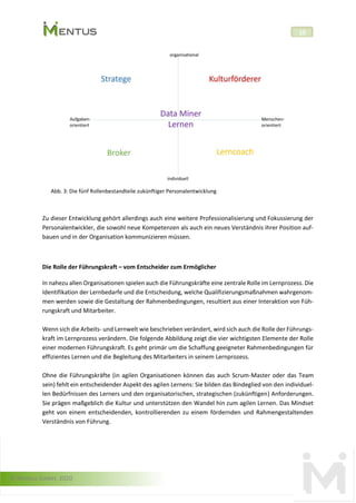 © Mentus GmbH, 2020
10
Abb. 3: Die fünf Rollenbestandteile zukünftiger Personalentwicklung
Zu dieser Entwicklung gehört allerdings auch eine weitere Professionalisierung und Fokussierung der
Personalentwickler, die sowohl neue Kompetenzen als auch ein neues Verständnis ihrer Position auf-
bauen und in der Organisation kommunizieren müssen.
Die Rolle der Führungskraft – vom Entscheider zum Ermöglicher
In nahezu allen Organisationen spielen auch die Führungskräfte eine zentrale Rolle im Lernprozess. Die
Identifikation der Lernbedarfe und die Entscheidung, welche Qualifizierungsmaßnahmen wahrgenom-
men werden sowie die Gestaltung der Rahmenbedingungen, resultiert aus einer Interaktion von Füh-
rungskraft und Mitarbeiter.
Wenn sich die Arbeits- und Lernwelt wie beschrieben verändert, wird sich auch die Rolle der Führungs-
kraft im Lernprozess verändern. Die folgende Abbildung zeigt die vier wichtigsten Elemente der Rolle
einer modernen Führungskraft. Es geht primär um die Schaffung geeigneter Rahmenbedingungen für
effizientes Lernen und die Begleitung des Mitarbeiters in seinem Lernprozess.
Ohne die Führungskräfte (in agilen Organisationen können das auch Scrum-Master oder das Team
sein) fehlt ein entscheidender Aspekt des agilen Lernens: Sie bilden das Bindeglied von den individuel-
len Bedürfnissen des Lerners und den organisatorischen, strategischen (zukünftigen) Anforderungen.
Sie prägen maßgeblich die Kultur und unterstützen den Wandel hin zum agilen Lernen. Das Mindset
geht von einem entscheidenden, kontrollierenden zu einem fördernden und Rahmengestaltenden
Verständnis von Führung.
 
