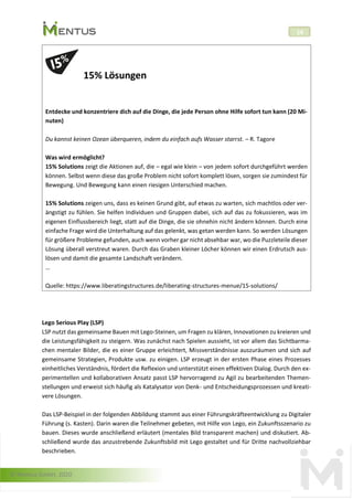 © Mentus GmbH, 2020
14
15% Lösungen
Entdecke und konzentriere dich auf die Dinge, die jede Person ohne Hilfe sofort tun kann (20 Mi-
nuten)
Du kannst keinen Ozean überqueren, indem du einfach aufs Wasser starrst. – R. Tagore
Was wird ermöglicht?
15% Solutions zeigt die Aktionen auf, die – egal wie klein – von jedem sofort durchgeführt werden
können. Selbst wenn diese das große Problem nicht sofort komplett lösen, sorgen sie zumindest für
Bewegung. Und Bewegung kann einen riesigen Unterschied machen.
15% Solutions zeigen uns, dass es keinen Grund gibt, auf etwas zu warten, sich machtlos oder ver-
ängstigt zu fühlen. Sie helfen Individuen und Gruppen dabei, sich auf das zu fokussieren, was im
eigenen Einflussbereich liegt, statt auf die Dinge, die sie ohnehin nicht ändern können. Durch eine
einfache Frage wird die Unterhaltung auf das gelenkt, was getan werden kann. So werden Lösungen
für größere Probleme gefunden, auch wenn vorher gar nicht absehbar war, wo die Puzzleteile dieser
Lösung überall verstreut waren. Durch das Graben kleiner Löcher können wir einen Erdrutsch aus-
lösen und damit die gesamte Landschaft verändern.
…
Quelle: https://www.liberatingstructures.de/liberating-structures-menue/15-solutions/
Lego Serious Play (LSP)
LSP nutzt das gemeinsame Bauen mit Lego-Steinen, um Fragen zu klären, Innovationen zu kreieren und
die Leistungsfähigkeit zu steigern. Was zunächst nach Spielen aussieht, ist vor allem das Sichtbarma-
chen mentaler Bilder, die es einer Gruppe erleichtert, Missverständnisse auszuräumen und sich auf
gemeinsame Strategien, Produkte usw. zu einigen. LSP erzeugt in der ersten Phase eines Prozesses
einheitliches Verständnis, fördert die Reflexion und unterstützt einen effektiven Dialog. Durch den ex-
perimentellen und kollaborativen Ansatz passt LSP hervorragend zu Agil zu bearbeitenden Themen-
stellungen und erweist sich häufig als Katalysator von Denk- und Entscheidungsprozessen und kreati-
vere Lösungen.
Das LSP-Beispiel in der folgenden Abbildung stammt aus einer Führungskräfteentwicklung zu Digitaler
Führung (s. Kasten). Darin waren die Teilnehmer gebeten, mit Hilfe von Lego, ein Zukunftsszenario zu
bauen. Dieses wurde anschließend erläutert (mentales Bild transparent machen) und diskutiert. Ab-
schließend wurde das anzustrebende Zukunftsbild mit Lego gestaltet und für Dritte nachvollziehbar
beschrieben.
 