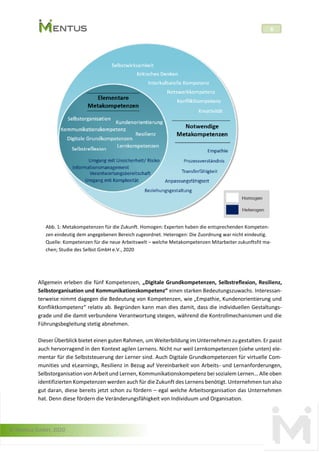© Mentus GmbH, 2020
6
Abb. 1: Metakompetenzen für die Zukunft. Homogen: Experten haben die entsprechenden Kompeten-
zen eindeutig dem angegebenen Bereich zugeordnet. Heterogen: Die Zuordnung war nicht eindeutig.
Quelle: Kompetenzen für die neue Arbeitswelt – welche Metakompetenzen Mitarbeiter zukunftsfit ma-
chen; Studie des Selbst GmbH e.V., 2020
Allgemein erleben die fünf Kompetenzen, „Digitale Grundkompetenzen, Selbstreflexion, Resilienz,
Selbstorganisation und Kommunikationskompetenz“ einen starken Bedeutungszuwachs. Interessan-
terweise nimmt dagegen die Bedeutung von Kompetenzen, wie „Empathie, Kundenorientierung und
Konfliktkompetenz“ relativ ab. Begründen kann man dies damit, dass die individuellen Gestaltungs-
grade und die damit verbundene Verantwortung steigen, während die Kontrollmechanismen und die
Führungsbegleitung stetig abnehmen.
Dieser Überblick bietet einen guten Rahmen, um Weiterbildung im Unternehmen zu gestalten. Er passt
auch hervorragend in den Kontext agilen Lernens. Nicht nur weil Lernkompetenzen (siehe unten) ele-
mentar für die Selbststeuerung der Lerner sind. Auch Digitale Grundkompetenzen für virtuelle Com-
munities und eLearnings, Resilienz in Bezug auf Vereinbarkeit von Arbeits- und Lernanforderungen,
Selbstorganisation von Arbeit und Lernen, Kommunikationskompetenz bei sozialem Lernen… Alle oben
identifizierten Kompetenzen werden auch für die Zukunft des Lernens benötigt. Unternehmen tun also
gut daran, diese bereits jetzt schon zu fördern – egal welche Arbeitsorganisation das Unternehmen
hat. Denn diese fördern die Veränderungsfähigkeit von Individuum und Organisation.
 