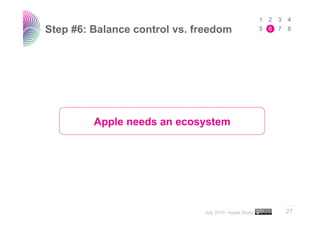 Step #6: Balance control vs. freedom




         Apple needs an ecosystem




                                                        ..…….

                              July 2010 • Apple Study   27
 
