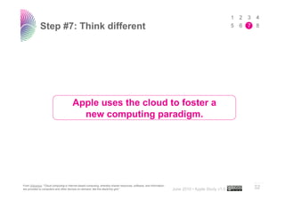 Step #7: Think different




                                       Apple uses the cloud to foster a
                                         new computing paradigm.




                                                                                                                                                   ..…….
From Wikipedia: “Cloud computing is Internet-based computing, whereby shared resources, software, and information
are provided to computers and other devices on demand, like the electricity grid.”                                  June 2010 • Apple Study v1.0   32
 
