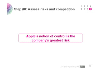 Step #8: Assess risks and competition




       Apple’s notion of control is the
         company’s greatest risk




                                                            ..…….

                             June 2010 • Apple Study v1.0   38
 