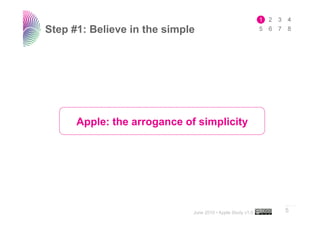 Step #1: Believe in the simple




      Apple: the arrogance of simplicity




                                                            ..…….

                             June 2010 • Apple Study v1.0   5
 