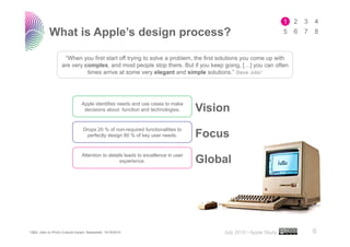 What is Apple’s design process?

                        “When you first start off trying to solve a problem, the first solutions you come up with
                       are very complex, and most people stop there. But if you keep going, […] you can often
                                 times arrive at some very elegant and simple solutions.” Steve Jobs1




                                    Apple identifies needs and use cases to make
                                     decisions about function and technologies.        Vision
                                     Drops 20 % of non-required functionalities to
                                      perfectly design 80 % of key user needs.         Focus
                                    Attention to details leads to excellence in user
                                                      experience.                      Global




                                                                                                                      ..…….
1   Q&A: Jobs on iPod's Cultural Impact, Newsweek, 10/16/2010                               July 2010 • Apple Study   6
 