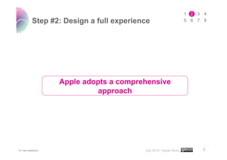 Step #2: Design a full experience




                      Apple adopts a comprehensive
                                approach




                                                                      ..…….
UX: User experience                         July 2010 • Apple Study   9
 