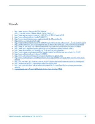 Bibliography
1. http://www.jstor.org/discover/10.2307/994696?
uid=2129&uid=2&uid=70&uid=4&sid=21102828957287
2. http://www.aep-arts.org/wp-content/.../AEP-Wire-09-2010-Sabol-NCLB
3. http://www.ncbi.nlm.nih.gov/books/NBK19909/
4. http://www.psychologicalscience.org/journals/cd/12_1/Leventhal.cfm
5. http://www.k12.wa.us/esea/nclb.aspx
6. http://cityroom.blogs.nytimes.com/2011/06/09/even-before-layoffs-schools-lost-135-arts-teachers/?_r=0
7. http://morrisoninstitute.asu.edu/young-stewards-of-public-policy/essays/2009-10-the-voting-problem
8. http://www.ed.gov/blog/2012/04/ed-releases-new-report-on-arts-education-in-u-s-public-schools/
9. http://www.wbez.org/news/culture/northwest-side-school-cuts-back-arts-band-108470
10. http://www.dosomething.org/tipsandtools/11-facts-about-arts-education
11. http://www.psmag.com/blogs/news-blog/music-students-have-higher-sat-scores-but-why-58468/
12. http://www.ncbi.nlm.nih.gov/pubmed/11680506
13. http://www.schoolmusictoday.com/advocacy/studentdevelopment.html
14. http://www.washingtonpost.com/blogs/answer-sheet/wp/2013/01/22/top-10-skills-children-learn-from-
the-arts/
15. http://arts.gov/news/2012/new-nea-research-report-shows-potential-benefits-arts-education-risk-youth
16. http://phys.org/news/2012-04-arts-benefits-at-risk-youth.html
17. http://prezi.com/g6k-8gua_x4e/arts-integration-an-effective-tool-for-effective-change-in-americas-
schools/
18. www.aep-arts.org/.../Preparing-Students-for-the-Next-America-FINAL
SAFEGUARDING ARTS EDUCATION -GA YOO 14
 
