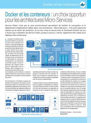 13
Docker et les conteneurs
ractéristiques d'isolement similaires à celles d’ap-
plications s'exécutant dans des machines vir-
tuelles, tout en évitant les contraintes liées au
chargement en mémoire du système d'exploitation
et de ses services complémentaires.
L’impact de Docker va bien au-delà des optimisa-
tions que suppose la virtualisation du conteneur
vis-à-vis de celle de la machine. En effet, la facilité
qu’il offre pour décomposer une application en
conteneurs en fait un candidat de choix pour les
architectures Micro-Services. De plus, le modèle
de développement et de déploiement qu’il propose
permet d’accélérer le cycle de vie de l'application.
La solution connait un tel engouement sur les en-
vironnements Linux, que Microsoft a annoncé une
nouvelle génération de conteneurs et un portage
du moteur de Docker dans Windows Server 10. Le
fonctionnement de Docker avec ces conteneurs
Windows sera rigoureusement symétrique à celui
que l’on connaissait déjà pour Linux. En complé-
ment, Microsoft a également annoncé une nouvelle
option de déploiement de conteneur, les conte-
neurs Hyper-V. Ils offriront la pleine intégration mul-
tiplateformes de Docker, tout en conservant un
niveau d'isolation plus élevé. Les applications dé-
veloppées pour les conteneurs Windows Server
pourront ainsi être déployées dans des conteneurs
Hyper-V sans modification, ce qui offrira une réelle
opportunité de concrétiser le mythe du « Write
once, run anywhere » dans un environnement mul-
tiplateformes et multi-applications.
n Stéphane Goudeau – Cloud Architect
Microsoft DX
Docker et les conteneurs : unchoixopportun
pourlesarchitecturesMicro-Services
Service Fabric n’est pas le seul environnement permettant de faciliter la conception et le
déploiement d’applications bâties selon une architecture « Micro-Services ». Une autre approche
repose sur la notion de conteneur, et sur leur mise en œuvre avec le framework Docker (ce qui
n’exclut pas l’utilisation de Service Fabric puisqu’il pourra, à terme, également être utilisé pour
déployer des conteneurs).
Le principe d’un conteneur est de
donner l’illusion à un processus
qu’il est le seul à s’exécuter sur la
machine. Le principal avantage des
conteneurs réside dans le fait qu'ils
peuvent être lancés séparément sur
la même machine tout en parta-
geant l'OS ainsi que certaines librai-
ries. Ils offrent une plus grande
rapidité de déploiement et de dé-
marrage, ainsi qu’une réduction de
la consommation de ressources.
Techniquement, ces mécanismes
ne sont pas nouveaux : ils sont im-
plémentés sous diverses formes
dans les mondes UNIX, Linux ou
Windows. Mais l’émergence d’un
nouvel environnement Open Source
de virtualisation par les conteneurs a suscité un
intérêt manifeste des grands acteurs du Cloud,
dont Microsoft, qui le propose en tant qu’extension
dans Azure.
Cet environnement, c’est Docker. Il propose une
abstraction des conteneurs LXC adossée à un fra-
mework pour définir leur construction et offrir la
portabilité des déploiements inter-machines. Il per-
met ainsi de distribuer des applications bâties sur
l’association de multiples conteneurs avec des ca-
Fonctionnement de Docker
Exécution des conteneurs Microsoft
 