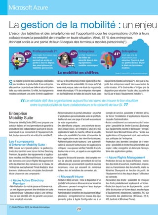20
Enterprise
Mobility Suite
Enterprise Mobility Suite (EMS) vous propose une
solution de bout en bout permettant de garantir la
productivité des collaborateurs quel soit le lieu de-
puis lequel ils se connectent et l’équipement uti-
lisé, tout en assurant la sécurité et le contrôle IT.
Les 4 composants
d’Enterprise Mobility Suite :
EMS repose sur 4 grands piliers : la gestion hy-
bride des identités avec Azure Active Directory
Premium, la gestion des équipements et applica-
tions mobiles avec Microsoft Intune, la protection
des données avec Azure Rights Management et
enfin la détection des menaces sur le réseau de
l’entreprise avec Advanced Threat Analytics. Vous
trouverez ci-dessous les principales fonctionnali-
tés de chacun de ces composants :
l Azure Active Directory
Premium
- Réinitialisation du mot de passe en libre-service :
un mot de passe pouvant être réinitialisé en toute
autonomie par l’utilisateur grâce à une vérifica-
tion de son identité afin de garantir une procé-
dure simple et sécurisée.
- Personnalisation du portail utilisateur : un portail
d'applications personnalisable selon le profil uti-
lisateur et avec une page d’accueil aux couleurs
de votre organisation.
- Des identifiants uniques : une ouverture de ses-
sion unique (SSO), pré-intégrée à plus de 2400
applications SaaS du marché, offrant à vos utili-
sateurs la possibilité d’accéder à l’ensemble de
leurs applications avec des identifiants uniques.
- Authentification multi-facteurs : une authentifi-
cation à plusieurs facteurs pour les applications
critiques : vous pouvez vérifier l'identité d'un uti-
lisateur via un sms, un appel ou une application
sur mobile.
- Rapports de sécurité avancés : des comptes ren-
dus de sécurité avancés permettant de voir les
utilisateurs qui se connectent à partir de sources
inconnues, ceux qui essuient de nombreux
échecs lors de tentatives de connexion, etc.
l Microsoft Intune
- Portail en libre-service : mise à disposition d’un
portail d’entreprise en libre-service sur lequel les
utilisateurs peuvent enregistrer leurs équipe-
ments en toute autonomie.
- Administration simplifiée des équipements et ap-
plications : enregistrement en masse des équi-
pements grâce à Apple Configurator ou à un
compte de service, possibilité d’interdire et/ou
de forcer l’installation d’applications depuis la
console d’administration.
- Accès conditionnel aux ressources de l’entre-
prise : possibilité de limiter l’accès à Exchange
aux équipements inscrits et de bloquer l’enregis-
trement dans Microsoft Intune et/ou l’accès aux
applications si l’équipement n’est pas conforme
aux politiques de l’entreprise.
- Protection des données sensibles de l’entre-
prise : possibilité de limiter les actions telles que
copier, coller, enregistrer en dehors de l’écosys-
tème des applications gérées.
l Azure Rights Management 
- Protection de tous les types de fichiers : restric-
tion des droits d'ouverture, modification, impres-
sion ou transmission des documents, mails ou
librairies Sharepoint en fonction du profil, de
l’équipement et du lieu depuis lequel l’utilisateur
se connecte.
- Révocation des droits : possibilité de révoquer
des droits préalablement appliqués à un fichier.
- Protection depuis tous les équipements : possi-
bilité de sécuriser un fichier depuis tous les types
d’équipements (téléphones, tablettes, PC) sur
l’ensemble des plateformes (Windows, OS X,
iOS, Android et Windows Phone).
(*) Etude IT Focus 2015, Le Monde Informatique
“Le véritable défi des organisations aujourd’hui est donc de trouver le bon équilibre
entre la productivité de leurs collaborateurs et la sécurité de leur SI.
”
La gestion de la mobilité : un enjeu
L’essor des tablettes et des smartphones est l’opportunité pour les organisations d’offrir à leurs
collaborateurs la possibilité de travailler en toute situation. Ainsi, 67 % des entreprises
donnent accès à une partie de leur SI depuis des terminaux mobiles personnels(*).
Si la mobilité présente des avantages indéniables
pour améliorer la productivité d’une entreprise,
elle constitue cependant une faille de sécurité poten-
tielle pour cette dernière. En effet, les équipements
mobiles constituent une porte d’entrée supplémen-
taire au SI des entreprises et donc également un fac-
teur additionnel de vulnérabilité. Ce risque est d'ail-
leurs avéré puisque, selon une étude du magazine Le
MondeInformatique,47%desentreprisesinterrogées
ont fait l'expérience de failles de sécurité dues à des
équipements mobiles corrompus(*). Bien que la ma-
jorité des entreprises soient bien conscientes de
cette situation, 41% d’entre elles n’ont pas pris de
disposition pour sécuriser l’accès à tout ou partie de
leur SI par le biais d’équipements mobiles(*).
 