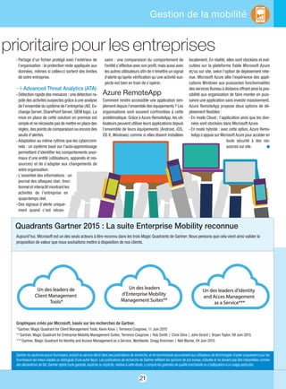 21
Gestion de la mobilité
Gartner ne cautionne aucun fournisseur, produit ou service décrit dans ses publications de recherche, et ne recommande aucunement aux utilisateurs de technologies d'opter uniquement pour les
fournisseurs les mieux classés ou distingués d'une autre façon. Les publications de recherche de Gartner reflètent les opinions de son bureau d'études et ne doivent pas être interprétées comme
des déclarations de fait. Gartner rejette toute garantie, explicite ou implicite, relative à cette étude, y compris les garanties de qualité marchande ou d’adéquation à un usage particulier.
- Partage d’un fichier protégé avec l’extérieur de
l’organisation : la protection reste appliquée aux
données, mêmes si celles-ci sortent des limites
de votre entreprise.
l Advanced Threat Analytics (ATA)
- Détection rapide des menaces : une détection ra-
pide des activités suspectes grâce à une analyse
de l’ensemble du système de l’entreprise (AD, Ex-
change Server, SharePoint Server, SIEM logs). La
mise en place de cette solution on premise est
simple et ne nécessite pas de mettre en place des
règles, des points de comparaison ou encore des
seuils d’alertes.
- Adaptation au même rythme que les cybercrimi-
nels : un système basé sur l’auto-apprentissage
permettant d’identifier les comportements anor-
maux d’une entité (utilisateurs, appareils et res-
sources) et de s’adapter aux changements de
votre organisation.
- L’essentiel des informations : un
journal des attaques clair, fonc-
tionnel et interactif montrant les
activités de l’entreprise en
quasi-temps réel.
- Des signaux d’alerte unique-
ment quand c’est néces-
saire : une comparaison du comportement de
l'entité s’effectue avec son profil, mais aussi avec
les autres utilisateurs afin de n’émettre un signal
d'alerte qu'après vérification qu’une activité sus-
pecte est bien en train de s’opérer.
Azure RemoteApp
Comment rendre accessible une application sim-
plement depuis l’ensemble des équipements ? Les
organisations sont souvent confrontées à cette
problématique. Grâce à Azure RemoteApp, les uti-
lisateurs peuvent utiliser leurs applications depuis
l’ensemble de leurs équipements (Android, iOS,
OS X, Windows) comme si elles étaient installées
localement. En réalité, elles sont stockées et exé-
cutées sur la plateforme fiable Microsoft Azure
et/ou sur site, selon l’option de déploiement rete-
nue. Microsoft Azure allie l'expérience des appli-
cations Windows aux puissantes fonctionnalités
des services Bureau à distance offrant ainsi la pos-
sibilité aux organisation de faire monter en puis-
sance une application sans investir massivement.
Azure RemoteApp propose deux options de dé-
ploiement flexibles :
- En mode Cloud : l’application ainsi que les don-
nées sont stockées dans Microsoft Azure.
- En mode hybride : avec cette option, Azure Remo-
teApp s'appuie sur Microsoft Azure pour accéder en
toute sécurité à des res-
sources sur site. n
Aujourd’hui, Microsoft est un des seuls acteurs à être reconnu dans les trois Magic Quadrants de Gartner. Nous pensons que cela vient ainsi valider la
proposition de valeur que nous souhaitons mettre à disposition de nos clients.
Quadrants Gartner 2015 : La suite Enterprise Mobility reconnue
prioritaire pour les entreprises
Graphiques créés par Microsoft, basés sur les recherches de Gartner.
*Gartner, Magic Quadrant for Client Management Tools, Kevin Knox | Terrence Cosgrove, 11 Juin 2015
**Gartner, Magic Quadrant for Enterprise Mobility Management Suites, Terrence Cosgrove | Rob Smith | Chris Silva | John Girard | Bryan Taylor, 08 Juin 2015
***Gartner, Magic Quadrant for Identity and Access Management as a Service, Worldwide, Gregg Kreizman | Neil Wynne, 04 Juin 2015
 