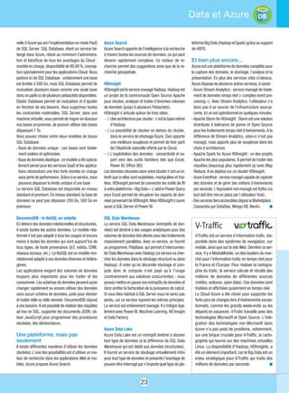 23
Data et Azure
nelle d’Azure qui est l’implémentation en mode PaaS
de SQL Server. SQL Database, étant un service hé-
bergé dans Azure, réduit au minimum l’administra-
tion et bénéficie de tous les avantages du Cloud :
montéeencharge, disponibilitéde99,99%, concep-
tion spécialement pour les applications Cloud. Nous
parlons ici de SQL Database : unitairement une base
est limitée à 500 Go, mais SQL Database permet de
mutualiser plusieurs bases comme une seule base
donconparleicideplusieurspetaoctetsdisponibles.
Elastic Database permet de mutualiser et d’ajuster
en fonction de ses besoins. Vous supprimez toutes
les contraintes matérielles. SQL Server, dans une
machinevirtuelle, vous permetdemigrerendouceur
vos bases on-premise, de pouvoir utiliser des bases
dépassant 1 To.
Vous pouvez choisir entre deux modèles de bases
SQL Database :
- Base de données unique : ces bases sont totale-
ment isolées et optimisées
- Basededonnéesélastique :cemodèleaétéspécia-
lement pensé pour les services SaaS et les applica-
tions nécessitant une très forte montée en charge
sanspertedeperformance.Grâceàceservice,nous
pouvons dépasser la limite unitaire d’une base
Le service SQL Database est disponible en niveau
standard et premium. En niveau standard, la base de
données ne peut pas dépasser 250 Go, 500 Go en
premium.
DocumentDB : le NoSQL en vedette
En dehors des données relationnelles et structurées,
il existe toutes les autres données. Le modèle rela-
tionnel n’est pas adapté à tous les usages et encore
moins à toutes les données qui sont aujourd’hui de
tous types, de toute provenance (IoT, média, CRM,
réseaux sociaux, etc.). Le NoSQL est un modèle non-
relationnel adapté à ces données diverses et hétéro-
gènes.
Les applications exigent des volumes de données
toujours plus importants pour les traiter et les
consommer.Lesschémasdedonnéespeuventaussi
changer rapidement ou encore utiliser des données
sans aucun schéma de données, juste pour stocker
et traiter telle ou telle donnée. DocumentDB répond
àces besoins. Ilestpossiblederéaliserdes requêtes
ad hoc en SQL, supporter les documents JSON, uti-
liser JavaScript pour programmer des procédures
stockées, des déclencheurs.
Une plateforme, mais pas
seulement
Il existe différentes manières d’utiliser les données
stockées. L’une des possibilités est d’utiliser un mo-
teur de recherche dans les applications Web et mo-
biles. Azure propose Azure Search.
Azure Search
Azure Search apporte de l’intelligence à la recherche
à travers toutes les sources de données, ce qui peut
devenir rapidement complexe. Ce moteur de re-
cherche permet des suggestions ainsi que de la re-
cherche géospatiale.
HDInsight
HDInsightestleservicemanagéHadoop.Hadoopest
un projet de la communauté Open Source Apache
pour stocker, analyser et traiter d’énormes volumes
de données (jusqu’à plusieurs Petaoctets).
HDInsight s’articule autour de trois idées :
l Unearchitectureparcluster:c’estlabasemême
d’Hadoop.
l La possibilité de stocker en dehors du cluster,
dans le service de stockage Azure. Ceci apporte
une meilleure souplesse et permet de tirer parti
de l’élasticité naturelle offerte par le Cloud.
l L’exploitation des données : connectivité et ex-
port vers des outils familiers tels que Excel,
Power BI, Office 365.
Les données stockées dans votre cluster n’ont un in-
térêt que si elles sont exploitées, manipulées et trai-
tées. HDInsight permet de connecter les outils de BI
àvotreplateforme« BigData ».L’add-inPowerQuery
pour Excel permet de récupérer les exports de don-
néesprovenantdeHDInsight.MaisHDInsights’ouvre
aussi à SQL Server et Power BI.
SQL Data Warehouse
Le service SQL Data Warehouse (entrepôts de don-
nées) est destiné à des usages analytiques pour des
volumesdedonnéestrèsélevésavecdestraitements
massivement parallèles. Avec ce service, on fournit
un programme, PolyBase, qui permet d’interconnec-
terDataWarehouseavecHadoop(ceservicevacher-
cher les données dans le stockage structuré ou dans
Hadoop). À noter qu’on décorrèle stockage et com-
pute donc le compute n’est payé qu’à l’usage
(contrairement aux solutions concurrentes) : vous
pouvez mettre en pause vos entrepôts de données et
donc arrêter la facturation de la puissance de calcul. 
Si vous êtes habitué à SQL Server vous ne serez pas
perdu, car ce service reprend les mêmes principes.
Le service est entièrement managé. Il s’intègre éga-
lement avec Power BI, Machine Learning, HD Insight
et Data Factory.
Azure Data Lake
Azure Data Lake est un entrepôt destiné à stocker
tout type de données (à la différence de SQL Data
Warehouse qui est dédié aux données structurées).
Il fournit un service de stockage virtuellement infini
pour tout type de données et présente l’avantage de
pouvoir être interrogé par n’importe quel type de pla-
teformeBigData(HadoopetSpark)grâceausupport
de HDFS.
Et bien plus encore…
Azure est une plateforme de données complète pour
la capture des données, le stockage, l’analyse et la
présentation. En plus des services cités ci-dessus,
Azuredisposedeplusieursautresservices,àsavoir :
- Azure Stream Analytics : service managé de traite-
ment de données temps réel (« complex event pro-
cessing »). Avec Stream Analytics, l'utilisateur n'a
donc pas à se soucier de l'infrastructure sous-ja-
cente. Ici on est opérationnel en quelques minutes. 
- ApacheStormforHDinsight :Stormestunesolution
distribuée à tolérance de panne et Open Source
pour les traitements temps réel d’événements. À la
différence de Stream Analytics, celui-ci n’est pas
managé, mais apporte plus de souplesse dans les
choix d’architecture. 
- Apache Spark for Azure HDInsight : un des projets
Apache les plus populaires. Il permet de traiter des
requêtes beaucoup plus rapidement qu’avec Map
Reduce. Il se déploie sur un cluster HDInsight. 
- AzureEventHub :servicemanagécapabledecapturer
des données et de gérer des millions d’événements
par seconde. L’équivalent non-managé est Kafka (où
tout doit être mis en place par l’utilisateur final). 
- DesservicestiersaccessiblesdepuislaMarketplace :
Cassandra par DataStax, Mongo DB, Neo4J. n
V-Traffic
V-Traffic est un service d’information trafic, dis-
ponible dans des systèmes de navigation, sur
mobile, ainsi que sur le site Web. Derrière ce ser-
vice, il y a MediaMobile, un des leaders du mar-
ché pour l’information trafic en temps réel pour
la France et l’Europe. Pour réaliser la cartogra-
phie du trafic, le service calcule et récolte des
millions de données de différentes sources
(météo, voitures, open data). Ces données sont
traitées et affichées quasiment en temps réel.
Le Cloud Azure a été choisi pour supporter les
forts pics de charges lors d’événements excep-
tionnels, comme les grands week-ends ou les
départs en vacances. V-Trafic travaille avec des
technologies Microsoft et Open Source. L’inté-
gration des technologies non Microsoft dans
Azure n’a pas posé de problème, notamment,
sur une brique cruciale pour V-Traffic, la carto-
graphie qui tourne sur des machines virtuelles
Linux. La disponibilité d’Hadoop, HDInsights, a
été un élément important, car le Big Data est un
enjeu stratégique pour V-Traffic qui traite des
millions de données par seconde. n
 