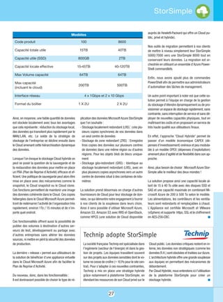 27
StorSimple
Ainsi, en moyenne, une faible quantité de données
est stockée localement avec tous les avantages
que cela représente : réduction du stockage local,
des données qui transitent plus rapidement par le
WAN/LAN, etc. Le solde de la stratégie de
stockage de l’entreprise se décline ensuite dans
le Cloud amenant cette hiérarchisation dynamique
des données.
Lorsque l’on évoque le stockage Cloud hybride on
peut se poser la question de la sauvegarde et de
la restauration des données pour mettre en place
un PRA (Plan de Reprise d’Activité) efficace et ef-
ficient. Une politique de sauvegarde peut alors être
mise en place avec des mécanismes comme le
snapshot, le Cloud snapshot ou le Cloud clone.
Ces fonctions permettent de maintenir une image
des données cohérente dans le Cloud. Ces copies
hébergées dans le Cloud Microsoft Azure permet-
tront de redémarrer l’activité de l’organisation très
rapidement, environ 1To / 15 minutes et de n’im-
porte quel endroit.
Ces fonctionnalités offrent aussi la possibilité de
publier des volumes à destination d’autres ser-
veurs de test, développement ou partage avec
d’autres entreprises sans altérer les données
sources, ni mettre en péril la sécurité des données
de production.
La dernière « release » permet aux utilisateurs de
la solution de bénéficier d’une appliance virtuelle
dans le Cloud Microsoft Azure afin de faciliter le
Plan de Reprise d’Activité.
Du nouveau, donc, dans les fonctionnalités : 
Il est dorénavant possible de choisir le type de ré-
plication des données Microsoft Azure StorSimple
que l’on souhaite :
- Stockage localement redondant (LRS) : crée plu-
sieurs copies synchrones de vos données dans
un seul centre de données
- Stockage de zone redondant (ZRS) : Enregistre
trois copies des données sur plusieurs centres
de données dans une même région ou d'autres
régions. Pour les objets blob de blocs unique-
ment
- Stockage géo-redondant (GRS) : Identique au
stockage localement redondant (LRS), avec en
plus plusieurs copies asynchrones vers un autre
centre de données situé à des centaines de kilo-
mètres
La solution prend désormais en charge d'autres
fournisseurs de Cloud pour leur stockage de don-
nées, ce qui démontre notre engagement à fournir
à nos clients de la souplesse dans leurs choix.
Ainsi il sera possible d’utiliser Microsoft Azure,
Amazon S3, Amazon S3 avec RRS et OpenStack,
comme HPCS (une solution de Cloud disponible
auprès de Hewlett-Packard qui offre un Cloud pu-
blic, privé et hybride).
Nos outils de migration permettent à nos clients
de mettre à niveau simplement leur StorSimple
5000/7000 vers une StorSimple 8000 tout en
conservant leurs données. La migration est or-
chestrée en utilisant un ensemble d’Azure Power-
Shell commandlets.
Enfin, nous avons ajouté plus de commandes
PowerShell afin de permettre aux administrateurs
d’automatiser des tâches de management.
Un autre point important à noter est que cette so-
lution permet à l’équipe en charge de la gestion
du stockage d’étendre dynamiquement ou de pro-
visionner un espace de stockage rapidement, sans
contrainte, sans interruption de service et sans dé-
ployer de nouvelles capacités physiques, tout en
maîtrisant les coûts et en proposant un service de
très haute qualité aux utilisateurs finaux.
En effet, l'approche "Cloud Hybride" permet de
passer d'un modèle économique CAPEX (dé-
penses d’investissement) onéreux et peu modula-
ble à un modèle OPEX (dépenses d’exploitation)
amenant plus d’agilité et de flexibilité dans son ap-
proche.
Ainsi, plus besoin de choisir : Microsoft Azure Stor-
Simple allie le meilleur des deux mondes !
La solution propose ainsi une capacité locale al-
lant de 15 à 40 To utile avec des disques SSD et
SAS et une capacité maximale en combinant Mi-
crosoft Azure de 200 à 500 To selon le modèle.
Les alimentations, les contrôleurs et les ventila-
teurs sont redondants et remplaçables à chaud.
L’Appliance est certifiée Microsoft et VMware
(vSphere) et supporte https, SSL et le chiffrement
en AES-256-CBC. n
Modèles
Code produit 100 8600
Capacité totale utile 15TB 40TB
Capacité utile (SSD) 800GB 2TB
Capacité locale effective 15-45TB 40-120TB
Max Volume capacité 64TB 64TB
Max capacité
200TB 500TB
(incluant le cloud)
Interface réseau 4 x 1Gbps et 2 x 10 Gbps
Format du boîtier 1 X 2U 2 X 2U
La société française Technip est spécialisée dans
l’ingénierie (secteur de l’énergie) et dans la ges-
tion de projets. Les équipes travaillent souvent
sur des projets aux données sensibles dont le vo-
lume ne cesse de croître (+ 10 Po pour le site cen-
tral). Pour s’adapter à ces nouvelles contraintes,
Technip a mis en place une stratégie hybride
grâce notamment à plateforme StorSimple, en
étendant les ressources de son Cloud privé sur le
Cloud public. Les données critiques restent en in-
terne, les données non stratégiques (comme les
données R.H.) sont stockées et traitées sur Azure.
L’architecture hybride offre une grande souplesse
aux équipes en permettant des mécanismes de
débordement.
Par Cloud Hybride, nous entendons ici l’utilisation
de la plateforme StorSimple pour créer un
stockage hybride. n
Technip adopte StorSimple
 