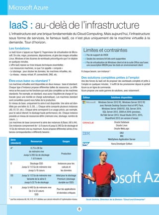 8
À chaque besoin, son instance !
Des solutions complètes prêtes à l’emploi
Une des forces du IaaS est de proposer des workloads complets et prêts à
l’emploi en quelques minutes : il suffit de les provisionner depuis le portail
Azure ou en ligne de commande.
Azure propose une vaste gamme de solutions, avec notamment :
Éditeur Solutions disponibles
Windows Server 2012 R2, Windows Server 2012 R2
avec Remote Desktop Session Host et HPC Pack,
Windows Server 2008 R2, SQL Server 2014,
SQL Server 2012, 2008 et 2016 (preview),
BizTalk Server 2013, Visual Studio 2013, 2015,
SharePoint 2013 (en version d’essai)
Oracle Database
Oracle Linux
Oracle WebLogic
DB2
MQ
WebSphere Application Server
Hana Developer Edition
Les fondations
Le IaaS Azure s’appuie sur Hyper-V, l’hyperviseur de virtualisation de Micro-
soft. On crée, migre, provisionne, déprovisionne, et gère des images virtuelles
Linux, Windows et des dizaines de workloads préconfigurés que l’on déploie
en quelques minutes.
L’offre IaaS repose sur trois briques techniques essentielles :
- Les ressources machines, ce que l’on appelle « compute »
- Le stockage : pour stocker les données, les machines virtuelles, etc.
- Le réseau : réseau virtuel, IP, connectivité, DNS, etc.
Êtes-vous base ou standard ?
Les machines virtuelles sont disponibles en deux niveaux : base et standard.
Chaque type d’instance propose différentes tailles de ressources. La diffé-
rence se fera aussi sur les fonctions qui sont plus complètes sur les machines
standards. Par exemple, en standard, vous aurez l’équilibre de charge et l’au-
toscale (pour une montée en charge automatique). Les machines standard
sont conseillées quand vous faites de la production.
En niveau de base, uniquement la série A est disponible. Une série est iden-
tifiée par une lettre (A, D, DS…). Chaque série comporte plusieurs instances
(A0, A1, D1, etc.). Chaque série correspond à un usage précis, par exemple,
pour le calcul intensif, le stockage haute performance, etc. Chaque instance
possède un niveau de ressources défini (mémoire vive, stockage, nombre de
cœurs…).
Les machines de base concernent la série des instances A/Basic (A0 à A4).
Ces instances comprennent de 1 à 8 cœurs et jusqu'à 240 Go de stockage et
14 Go de mémoire vive au maximum. Azure propose différentes séries d’ins-
tances correspondantes à différents besoins :
Série
(standard)
Ressources Usages
A* 0,75 à 28 Go
de mémoire vive
Jusqu’à 285 Go de stockage
Production
1 à 8 cœurs
D Stockage SSD Instances pour les
Jusqu’à 112 Go de mémoire vive calculs et
Jusqu’à 16 cœurs les données
DS Jusqu’à 112 Go de mémoire vive Idéal pour le stockage
Variante de la série D Premium (stockage
Jusqu’à 32 To de stockage durable sur SSD)
G Jusqu’à 448 Go de mémoire vive
Pour les applications
De 2 à 32 cœurs
SSD
et données critiques
* sauf les instances A8, A9, A10, A11 dédiées aux calculs intensifs et l’optimisation réseau.
IaaS : au-delà de l’infrastructure
L’infrastructure est une brique fondamentale du Cloud Computing. Mais aujourd’hui, l’infrastructure
sous forme de services, le fameux IaaS, ce n’est plus uniquement de la machine virtuelle à la
demande. Tour d’horizon.
Limites et contraintes
l Pas de support de VHDX
l Seules les versions 64 bits sont supportées
l Pas de virtualisation de Windows client et de la suite Office sauf avec
une souscription MSDN pour les tests en environnement client
Scott Guthrie, Directeur de la Division “Cloud and Enterprise”
 