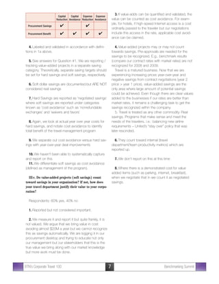 3. If value-adds can be quantified and validated, the
                         Capital   Capital   Expense Expense
                        Reduction Avoidance Reduction Avoidance       value can be counted as cost avoidance. For exam-
                                                                      ple, for hotels, if high-speed Internet access is a cost
  Procurement Savings                         
                                                                      ordinarily passed to the traveler but our negotiations
  Procurement Benefit                                             include this access in the rate, applicable cost avoid-
                                                                      ance can be claimed.

   4. Labeled and validated in accordance with defini-                   4. Value-added projects may or may not count
tions in 1a above.                                                    towards savings. Pre-approvals are needed for the
                                                                      savings to be recognized. E.g., benchmark results
   5. See answers for Question #1. We are reporting /                 (compare our contract rates with market rates) are not
tracking value-added projects in a separate saving                    recognized for 2008 and 2009.
category. Theoretically, separate saving targets should                  Travel is a matured business. Now that we are
be set for hard savings and soft savings, respectively.               experiencing increasing prices year-over-year and
                                                                      negative savings from contract negotiations (year 2
  6. Soft dollar savings are documented but ARE NOT                   price  year 1 price), value-added savings are the
considered real savings                                               only area where large amount of potential savings
                                                                      could be achieved. Even though there are clear values
  7. Hard Savings are reported as ‘negotiated savings’                added to the businesses if our rates are better than
where soft savings are reported under categories                      market rates, it remains a challenging task to get the
known as ‘cost avoidance’ such as ‘nonrefundable                      savings recognized within the company.
exchanges’ and ‘waivers and favors’                                      5. Travel is treated as any other commodity. Real
                                                                      savings. Programs that make sense and meet the
  8. Again, we look at actual year over year costs for                needs of the travelers. i.e.: balancing new airline
hard savings, and notate cost avoidance to identify                   requirements – United’s “stay over” policy that was
total benefit of the travel management program                        later rescinded.

  9. We separate out cost avoidance versus hard sav-                    6. They count toward internal (travel
ings with year-over-year deal improvements                            department/team productivity metrics) which are
                                                                      reported up.
  10. We haven’t been able to systematically capture
and report on this                                                      7. We don’t report on this at this time
  11. We differentiate soft savings as cost avoidance
(defined as management of the program).                                 8. Where there is a demonstrated cost for value
                                                                      added items (such as parking, internet, breakfast),
  III c. Do value-added projects (soft savings) count                 when we negotiate that in we count it as negotiated
toward savings in your organization? If not, how does                 savings.
your travel department justify their value to your corpo-
ration?

  Respondents: 60% yes, 40% no

  1. Reported but not considered important.

   2. We measure it and report it but quite frankly, it is
not valued. We argue that we bring value in cost
avoiding almost $20M a year but we cannot recognize
this as savings automatically. We are logging it in our
procurement desktop and trying to educate not only
our management but our stakeholders that this is the
true value we bring along with our market knowledge
but more work must be done.



BTN’s Corporate Travel 100                                        7                                        Benchmarking Summit
 
