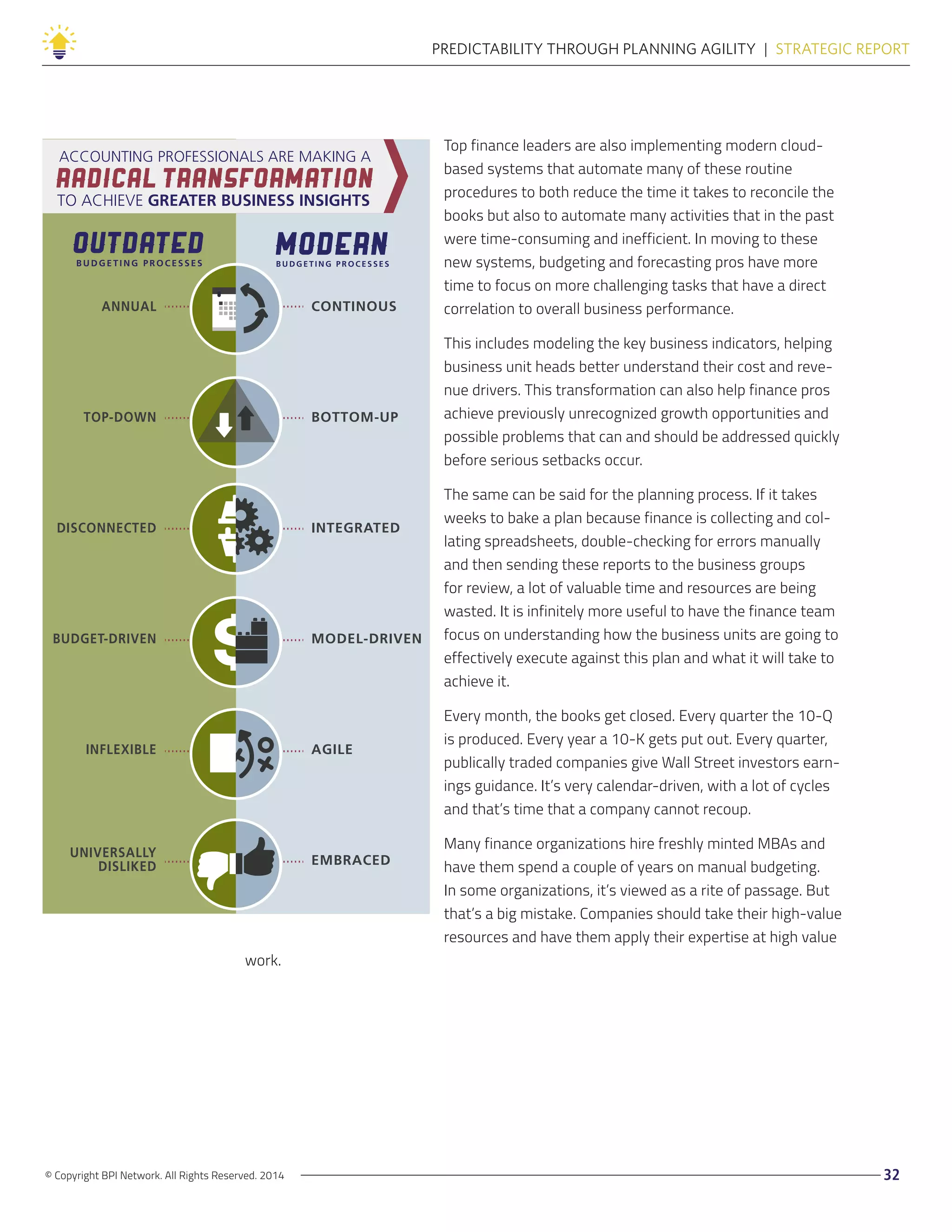 © Copyright BPI Network. All Rights Reserved. 2014 32
PREDICTABILITY THROUGH PLANNING AGILITY  |  STRATEGIC REPORT
Top finance leaders are also implementing modern cloud-
based systems that automate many of these routine
procedures to both reduce the time it takes to reconcile the
books but also to automate many activities that in the past
were time-consuming and inefficient. In moving to these
new systems, budgeting and forecasting pros have more
time to focus on more challenging tasks that have a direct
correlation to overall business performance.
This includes modeling the key business indicators, helping
business unit heads better understand their cost and reve-
nue drivers. This transformation can also help finance pros
achieve previously unrecognized growth opportunities and
possible problems that can and should be addressed quickly
before serious setbacks occur.
The same can be said for the planning process. If it takes
weeks to bake a plan because finance is collecting and col-
lating spreadsheets, double-checking for errors manually
and then sending these reports to the business groups
for review, a lot of valuable time and resources are being
wasted. It is infinitely more useful to have the finance team
focus on understanding how the business units are going to
effectively execute against this plan and what it will take to
achieve it.
Every month, the books get closed. Every quarter the 10-Q
is produced. Every year a 10-K gets put out. Every quarter,
publically traded companies give Wall Street investors earn-
ings guidance. It’s very calendar-driven, with a lot of cycles
and that’s time that a company cannot recoup.
Many finance organizations hire freshly minted MBAs and
have them spend a couple of years on manual budgeting.
In some organizations, it’s viewed as a rite of passage. But
that’s a big mistake. Companies should take their high-value
resources and have them apply their expertise at high value
work.
ACCOUNTING PROFESSIONALS ARE MAKING A
OUTDATEDB U D G E T I N G P R O C E S S E S
MODERNB U D G E T I N G P R O C E S S E S
ANNUAL
TOP-DOWN
DISCONNECTED
BUDGET-DRIVEN
INFLEXIBLE
CONTINOUS
BOTTOM-UP
INTEGRATED
MODEL-DRIVEN
AGILE
EMBRACED
TO ACHIEVE GREATER BUSINESS INSIGHTS
RADICAL TRANSFORMATION
UNIVERSALLY
DISLIKED
 